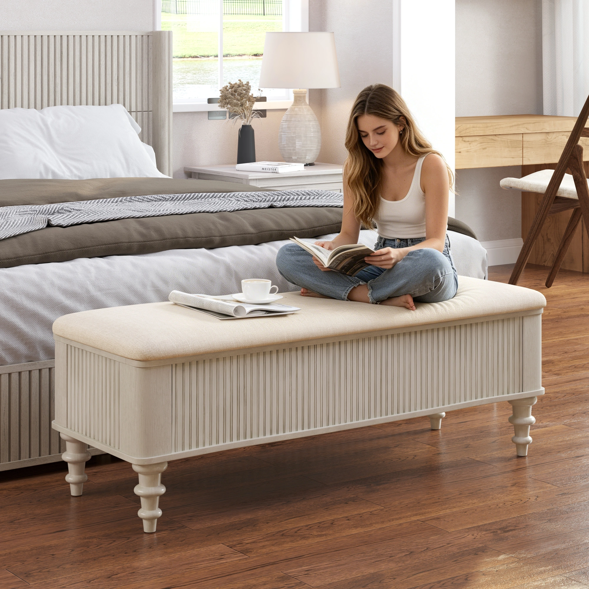 50.8-inch Multi-Functional Storage Ottoman Bench-Solid Rubberwood Bed End Bench with Linen Seat, Storage Bench for Bedroom, Entryway Shoe Organizer for Bedroom, Living Room, Entryway, Closet, Beige view 8