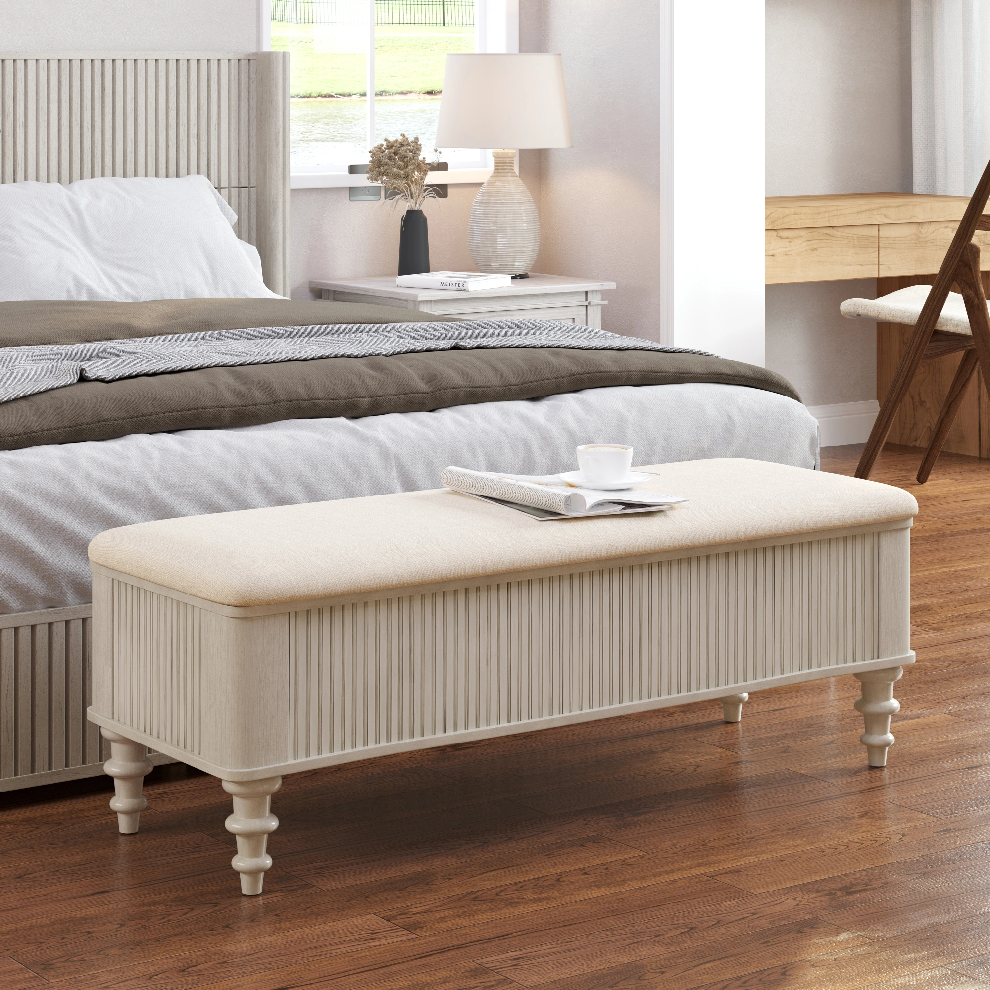 50.8-inch Multi-Functional Storage Ottoman Bench-Solid Rubberwood Bed End Bench with Linen Seat, Storage Bench for Bedroom, Entryway Shoe Organizer for Bedroom, Living Room, Entryway, Closet, Beige view 9