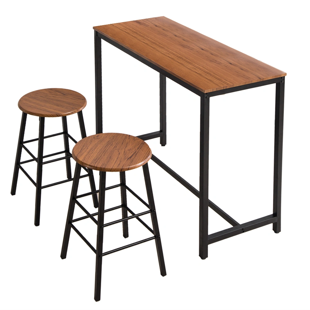 PVC Wood Grain Bar Table and 2 Round Bar Stools Set Simple Dining Table Chair Set for Kitchen Living Room Bar Area