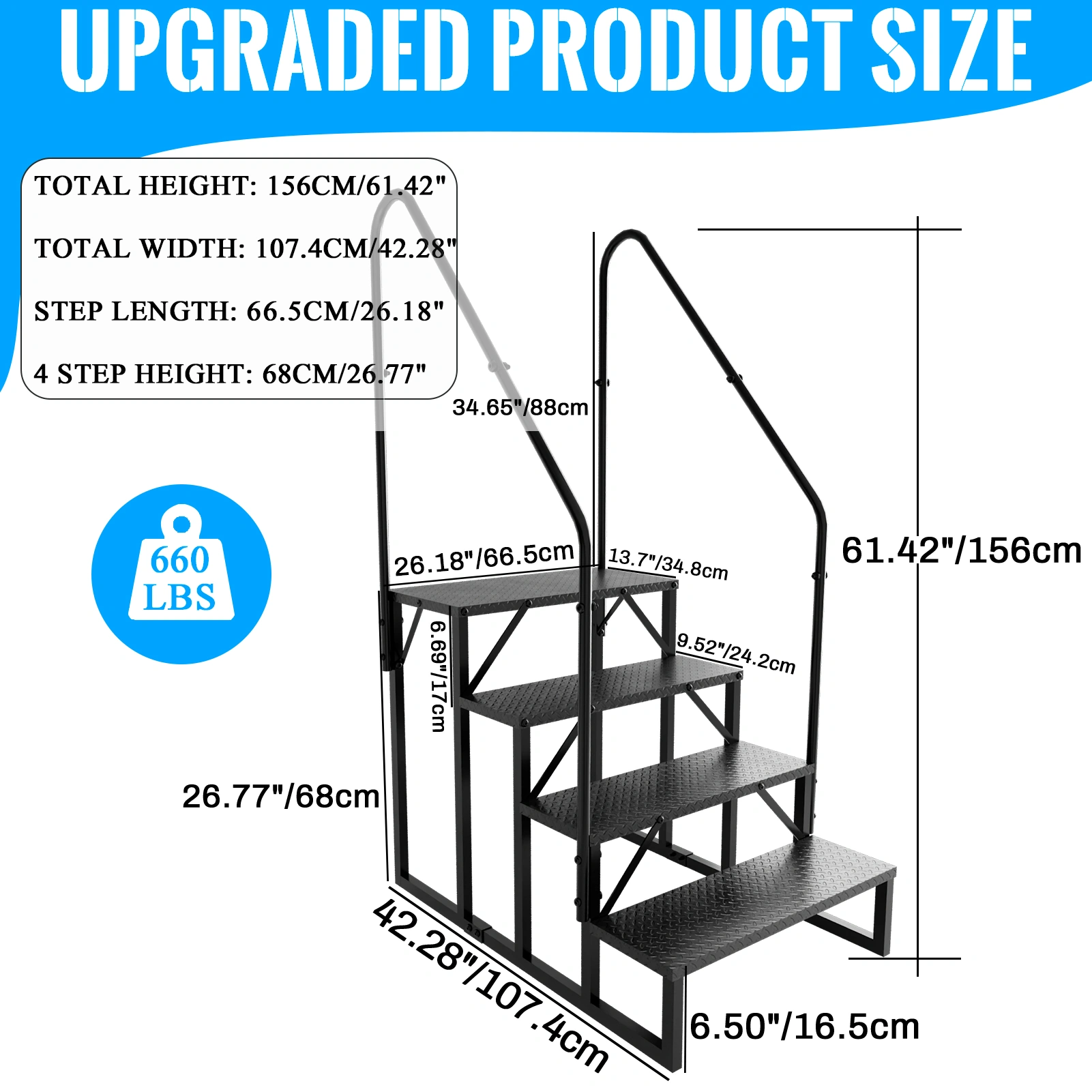 4-Step RV Ladder with Handrail, 660 lbs Heavy Duty Portable Steps, Hot Tub Pool Ladder for Outdoor/Mobile Home/Camper/Porch/Pet view 2
