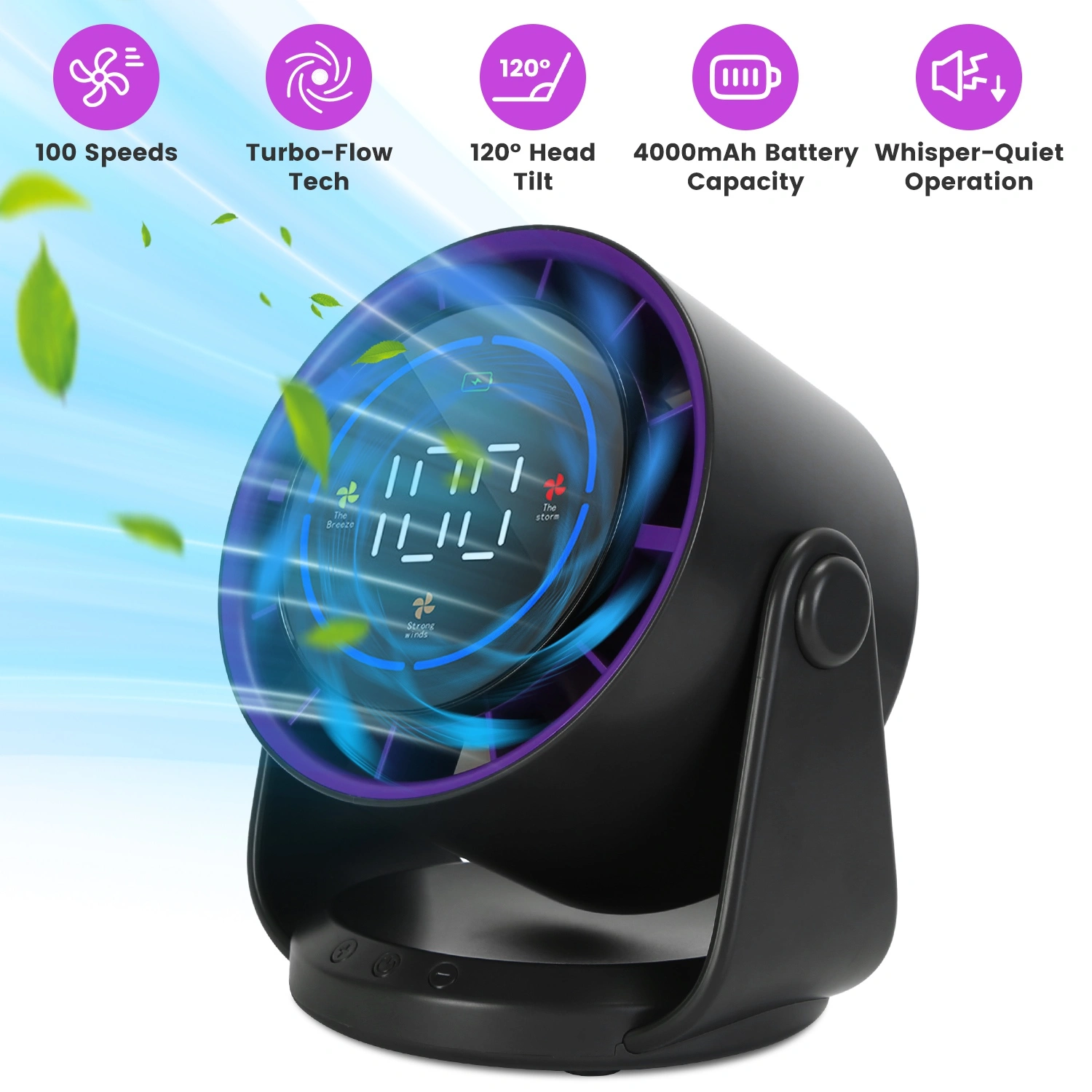 Portable USB Table Fan 100 Speed Settings Real-Time LCD Display Battery Indicator, 120 Degree Adjustable Tilt Desktop Wall Mount 4000mAh Wireless Cooling Fan view 13