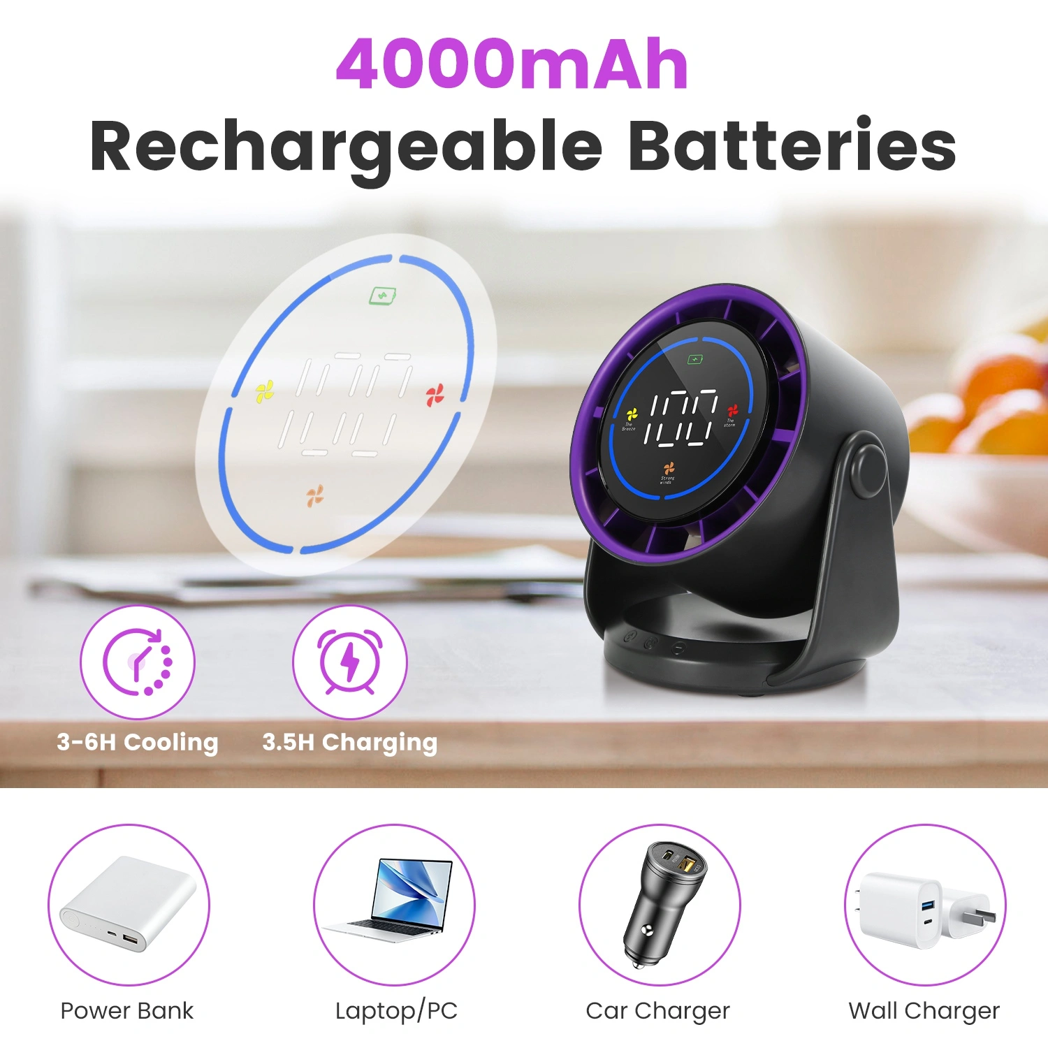 Portable USB Table Fan 100 Speed Settings Real-Time LCD Display Battery Indicator, 120 Degree Adjustable Tilt Desktop Wall Mount 4000mAh Wireless Cooling Fan view 3