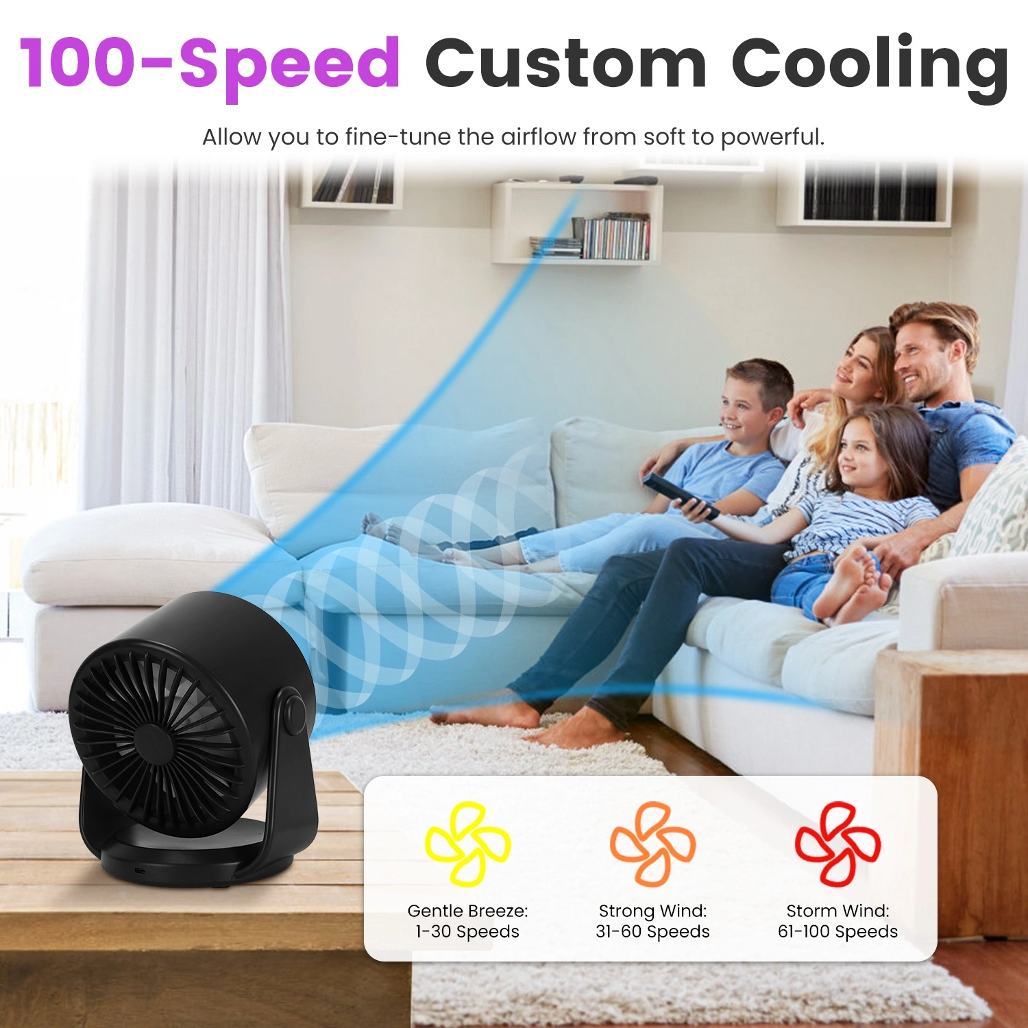 Portable USB Table Fan 100 Speed Settings Real-Time LCD Display Battery Indicator, 120 Degree Adjustable Tilt Desktop Wall Mount 4000mAh Wireless Cooling Fan view 4