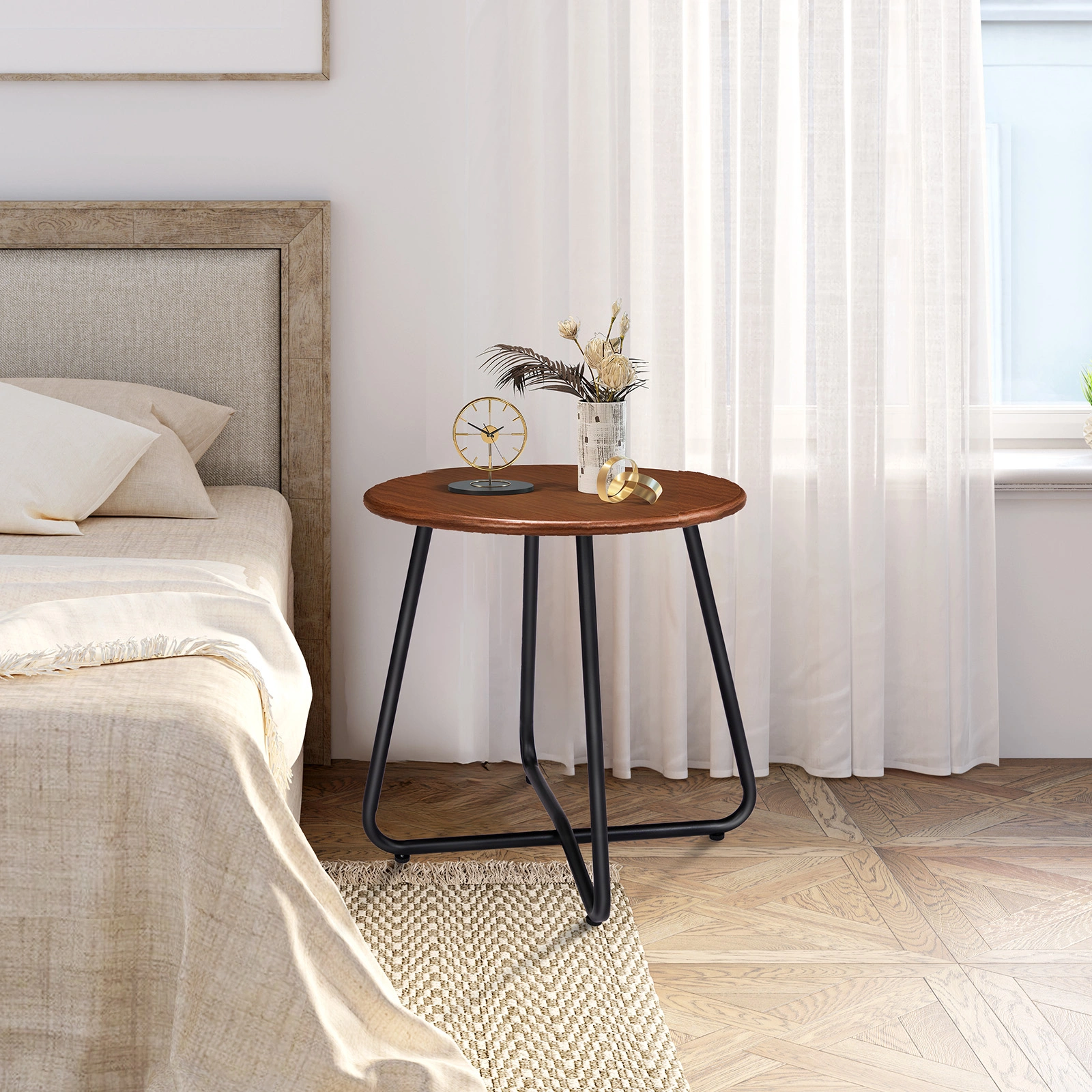 Outdoor Side Table with Imitation Wood Tabletop, Weather Resistant Patio Side Table, Round Outdoor End Table for Patio Yard Balcony Garden view 10