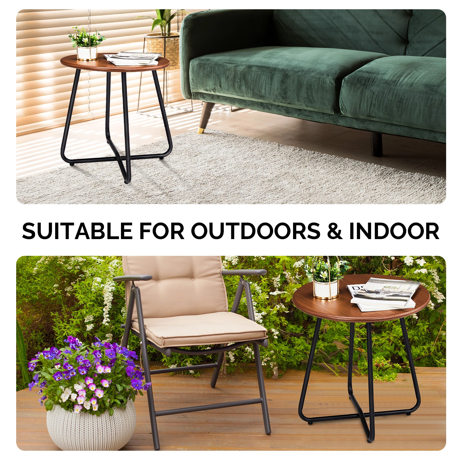 Outdoor Side Table with Imitation Wood Tabletop, Weather Resistant Patio Side Table, Round Outdoor End Table for Patio Yard Balcony Garden view 12