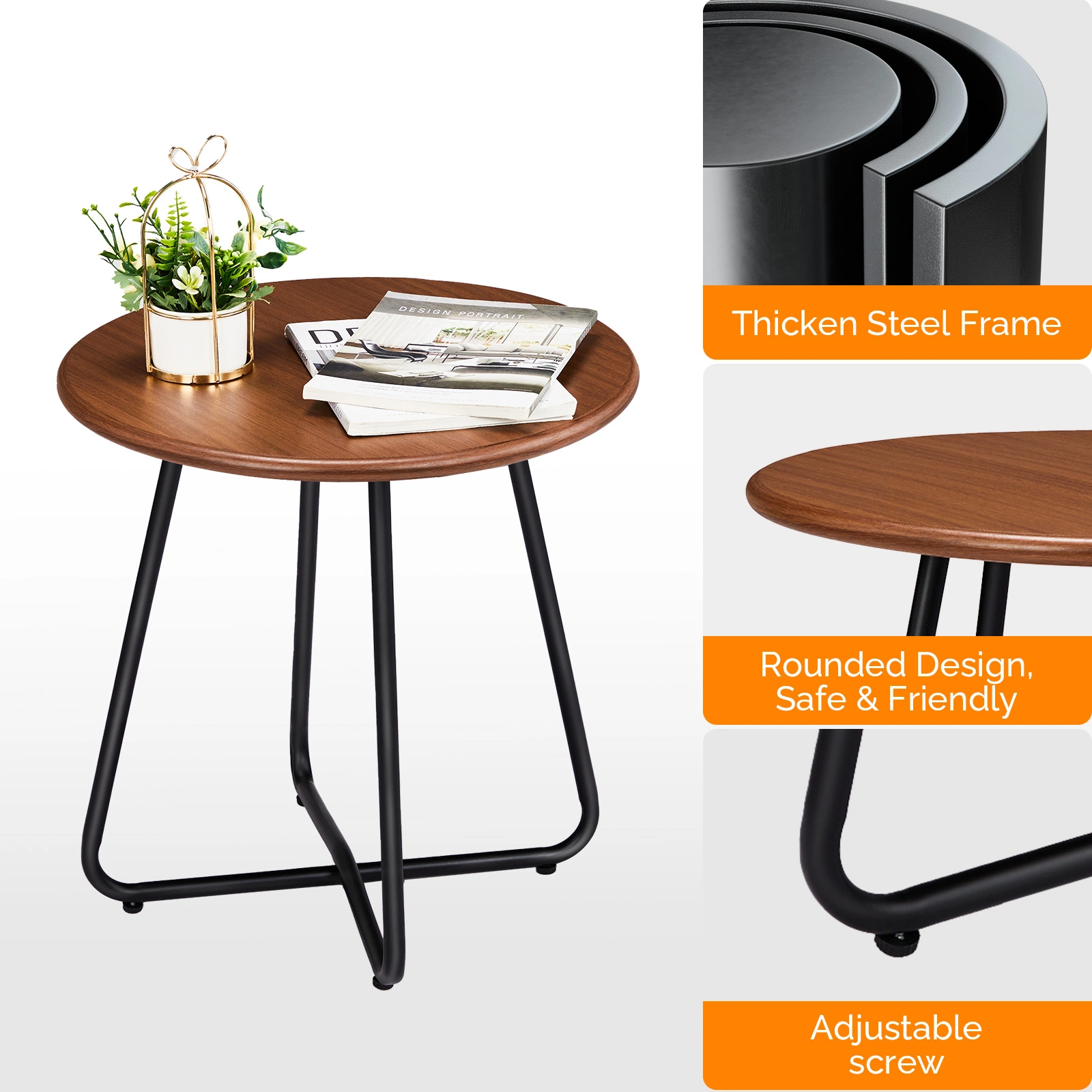 Outdoor Side Table with Imitation Wood Tabletop, Weather Resistant Patio Side Table, Round Outdoor End Table for Patio Yard Balcony Garden view 4