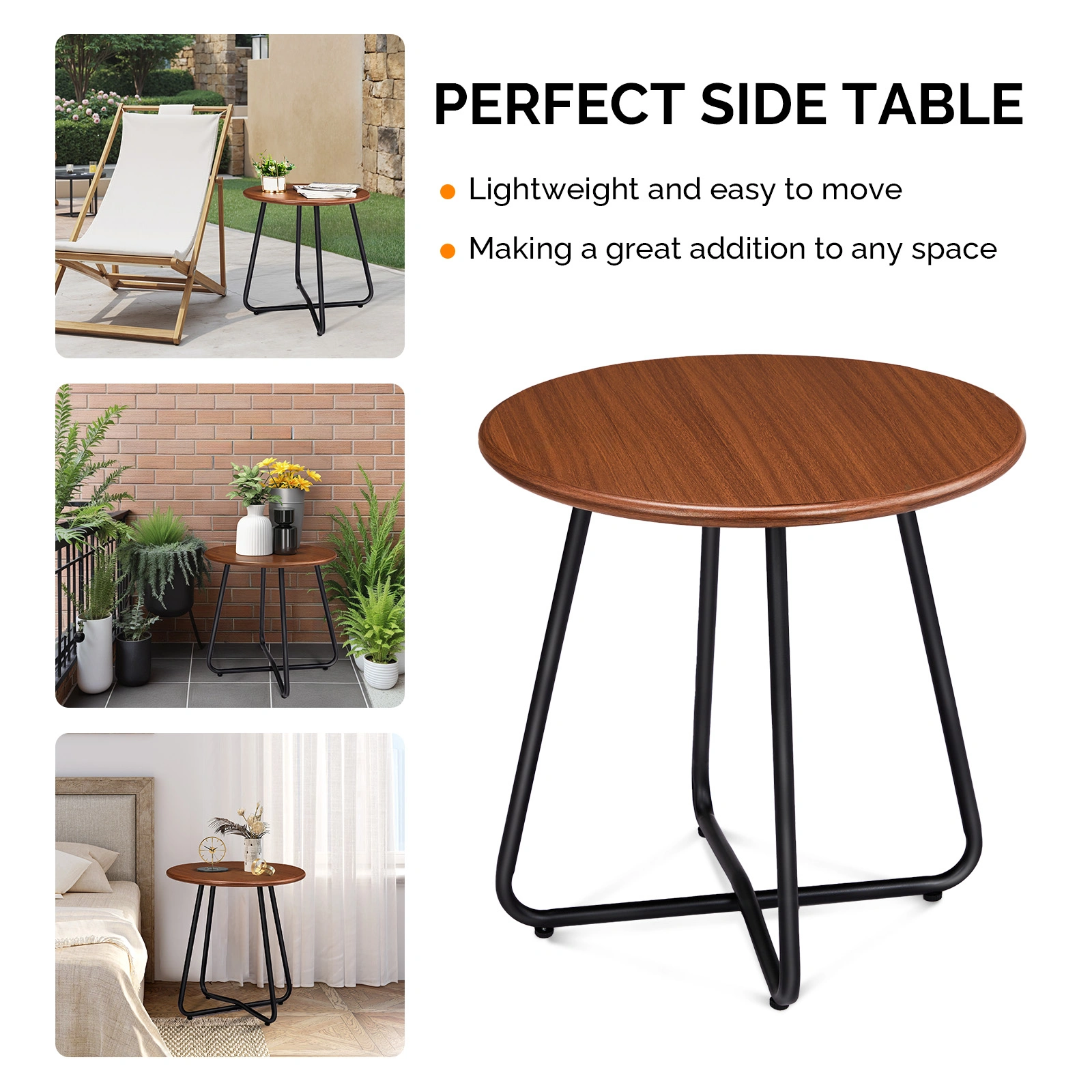 Outdoor Side Table with Imitation Wood Tabletop, Weather Resistant Patio Side Table, Round Outdoor End Table for Patio Yard Balcony Garden view 6
