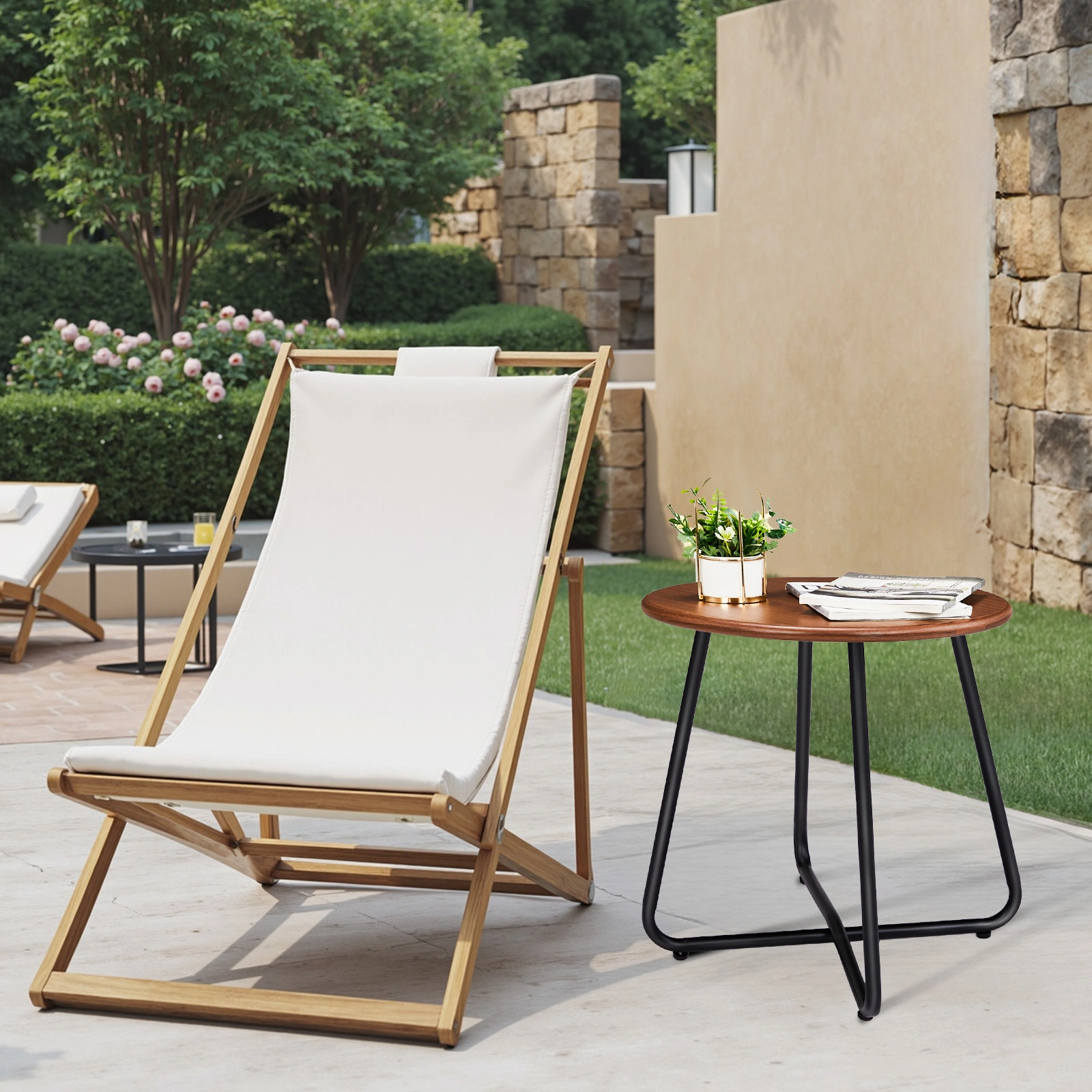 Outdoor Side Table with Imitation Wood Tabletop, Weather Resistant Patio Side Table, Round Outdoor End Table for Patio Yard Balcony Garden view 7