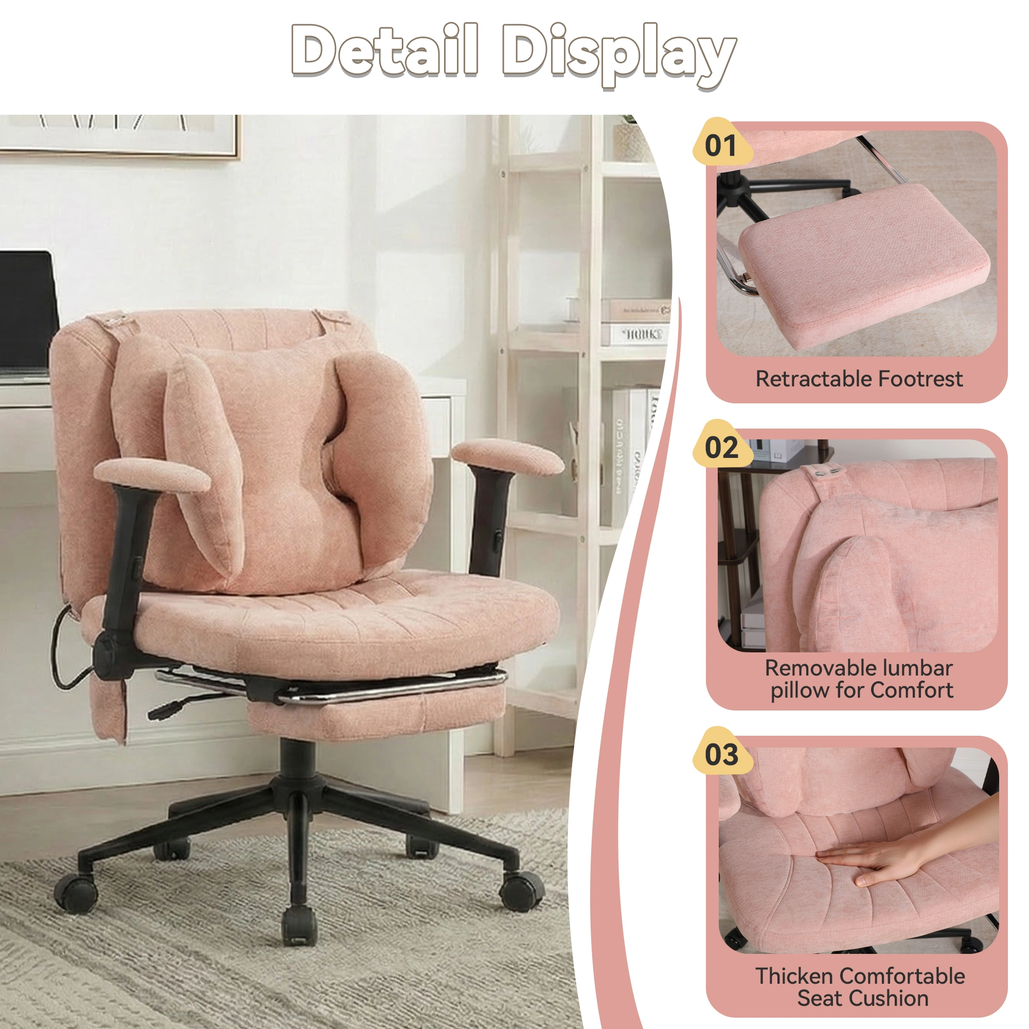 Gaming Office Chair with Footrest, Height Adjustable Swivel Desk Chair with Armrests & Casters, Pink view 5
