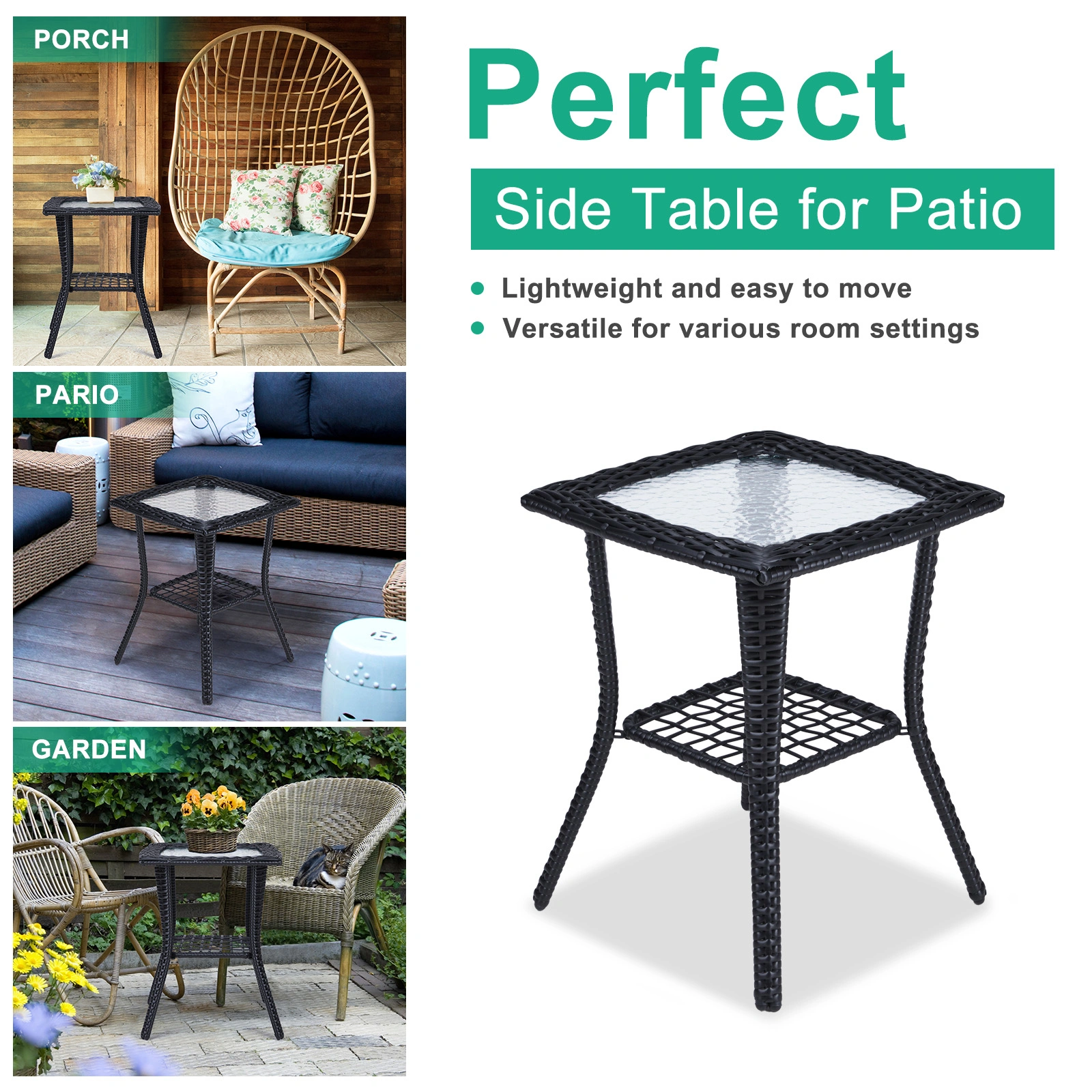 Outdoor Wicker Side Table, Rattan End Table with Glass Top, Patio Coffee Bistro Table for Indoor Garden Porch Balcony, Black view 10