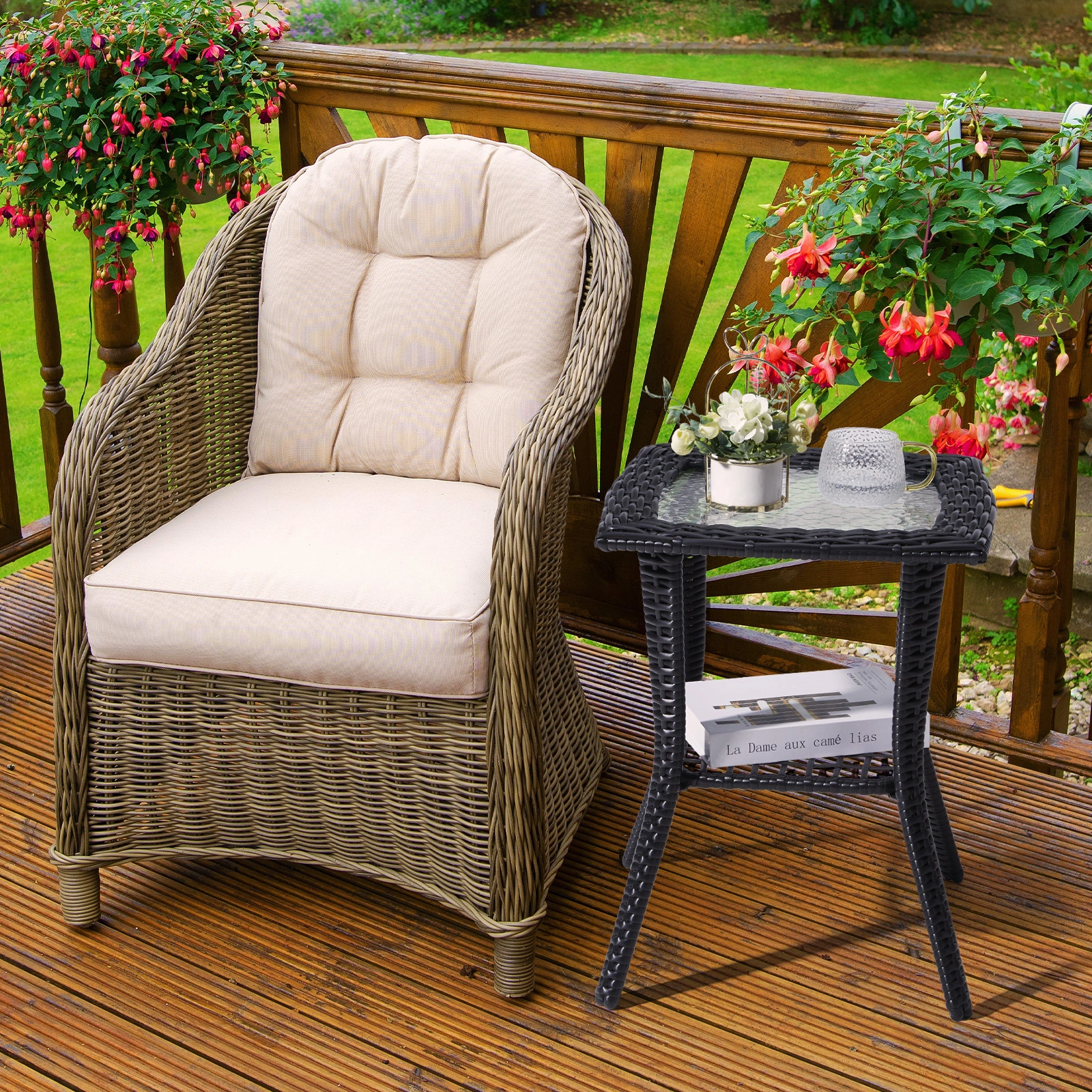 Outdoor Wicker Side Table, Rattan End Table with Glass Top, Patio Coffee Bistro Table for Indoor Garden Porch Balcony, Black view 13