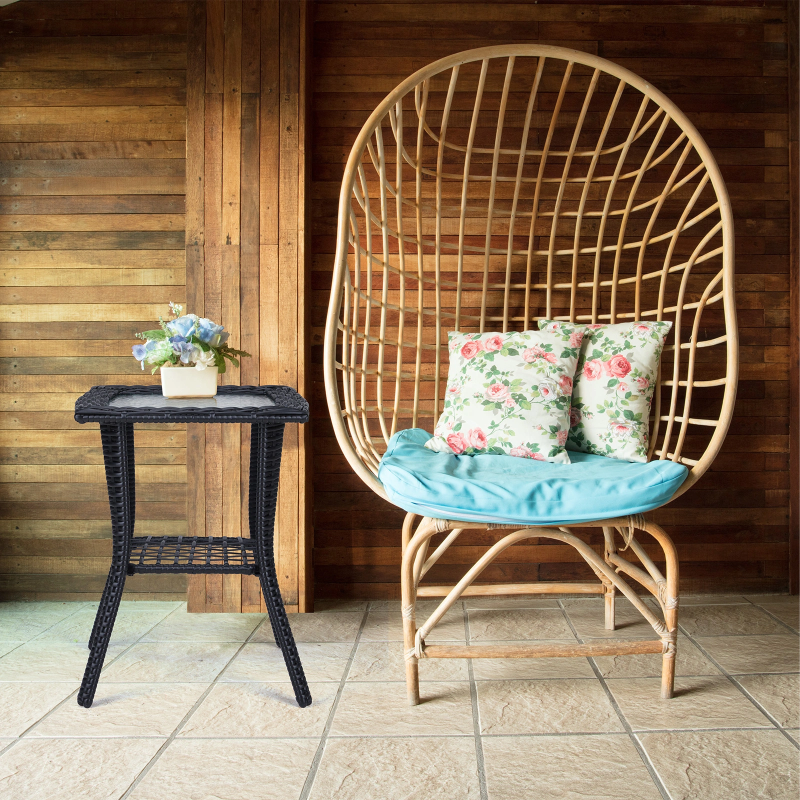 Outdoor Wicker Side Table, Rattan End Table with Glass Top, Patio Coffee Bistro Table for Indoor Garden Porch Balcony, Black view 14