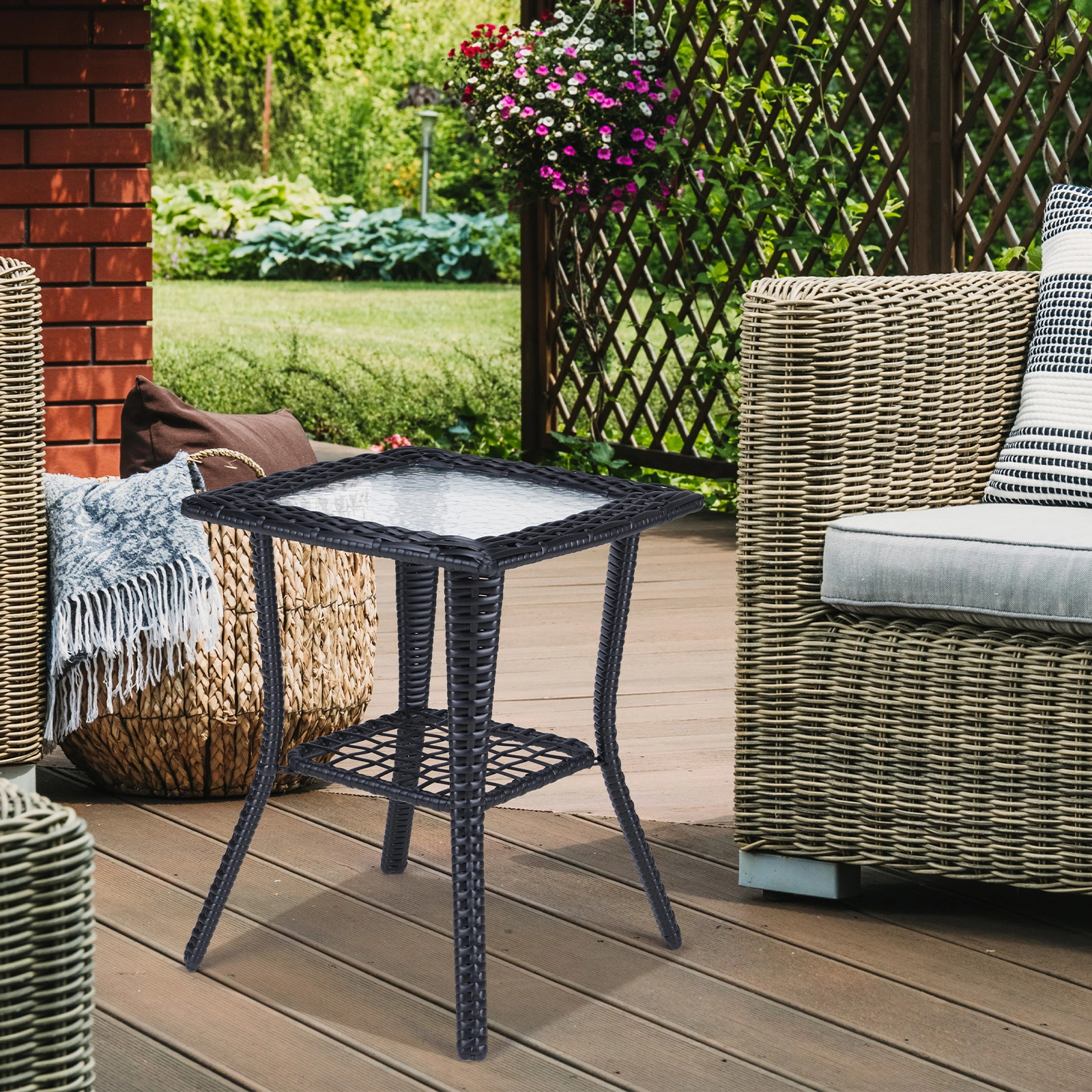 Outdoor Wicker Side Table, Rattan End Table with Glass Top, Patio Coffee Bistro Table for Indoor Garden Porch Balcony, Black view 15