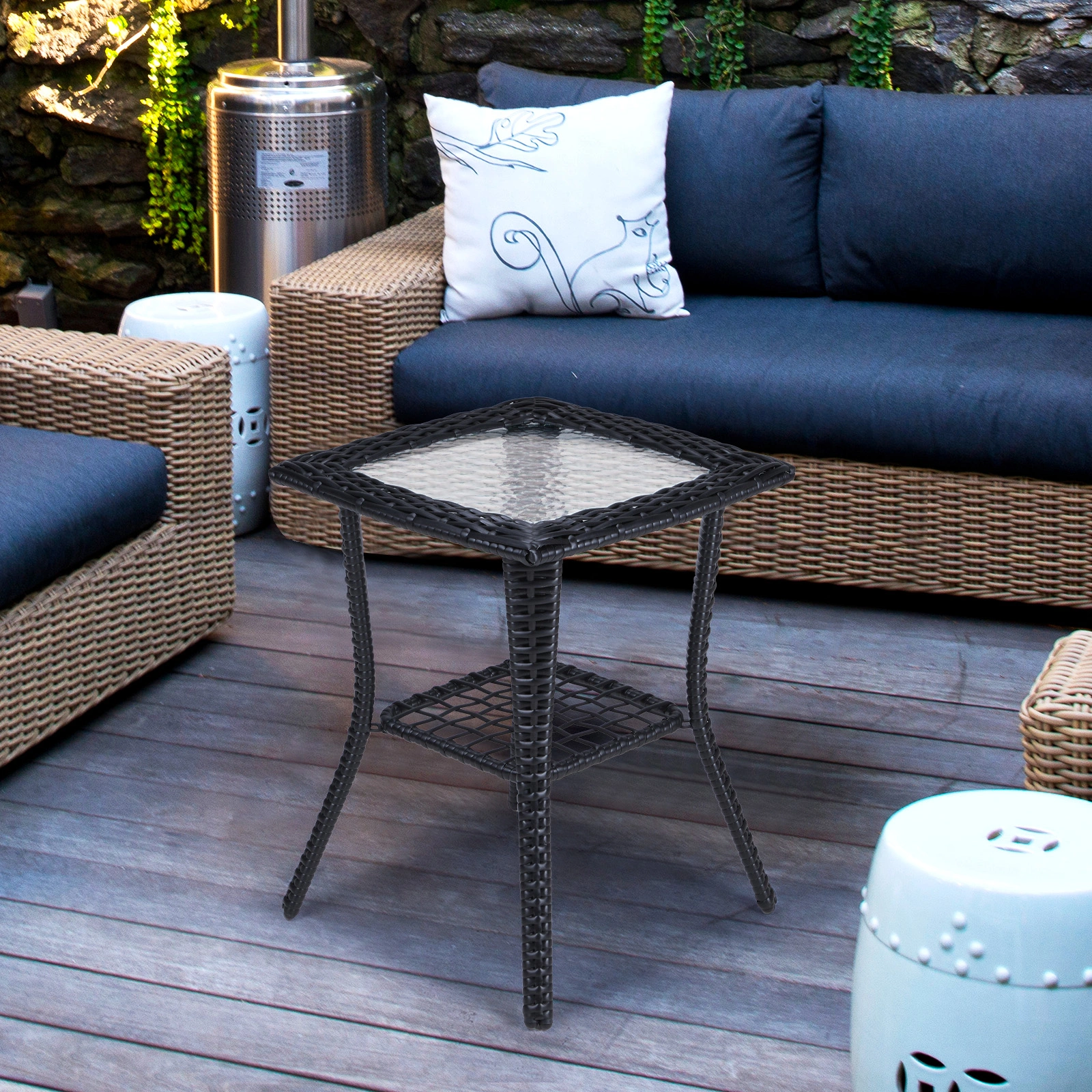 Outdoor Wicker Side Table, Rattan End Table with Glass Top, Patio Coffee Bistro Table for Indoor Garden Porch Balcony, Black view 16