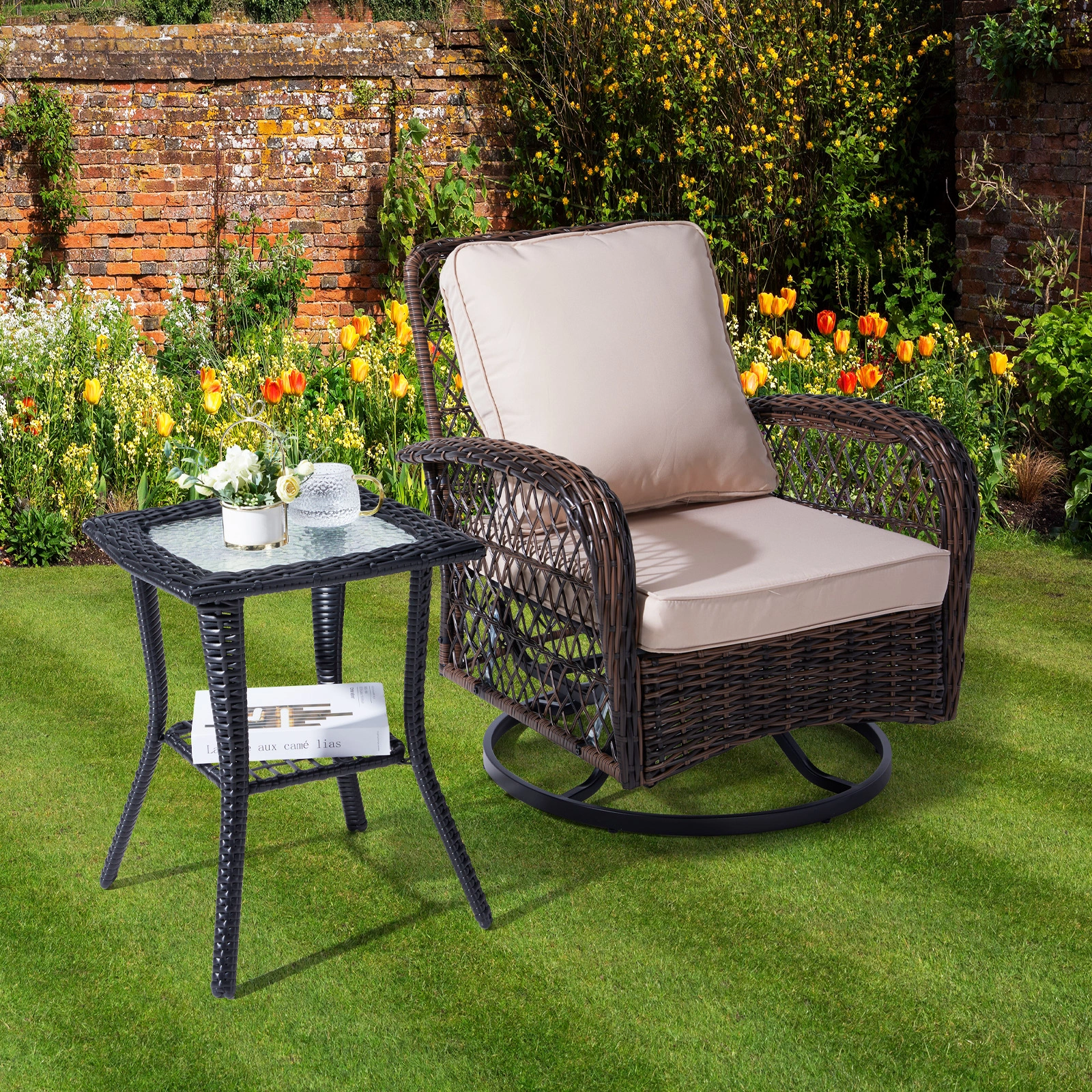 Outdoor Wicker Side Table, Rattan End Table with Glass Top, Patio Coffee Bistro Table for Indoor Garden Porch Balcony, Black view 17