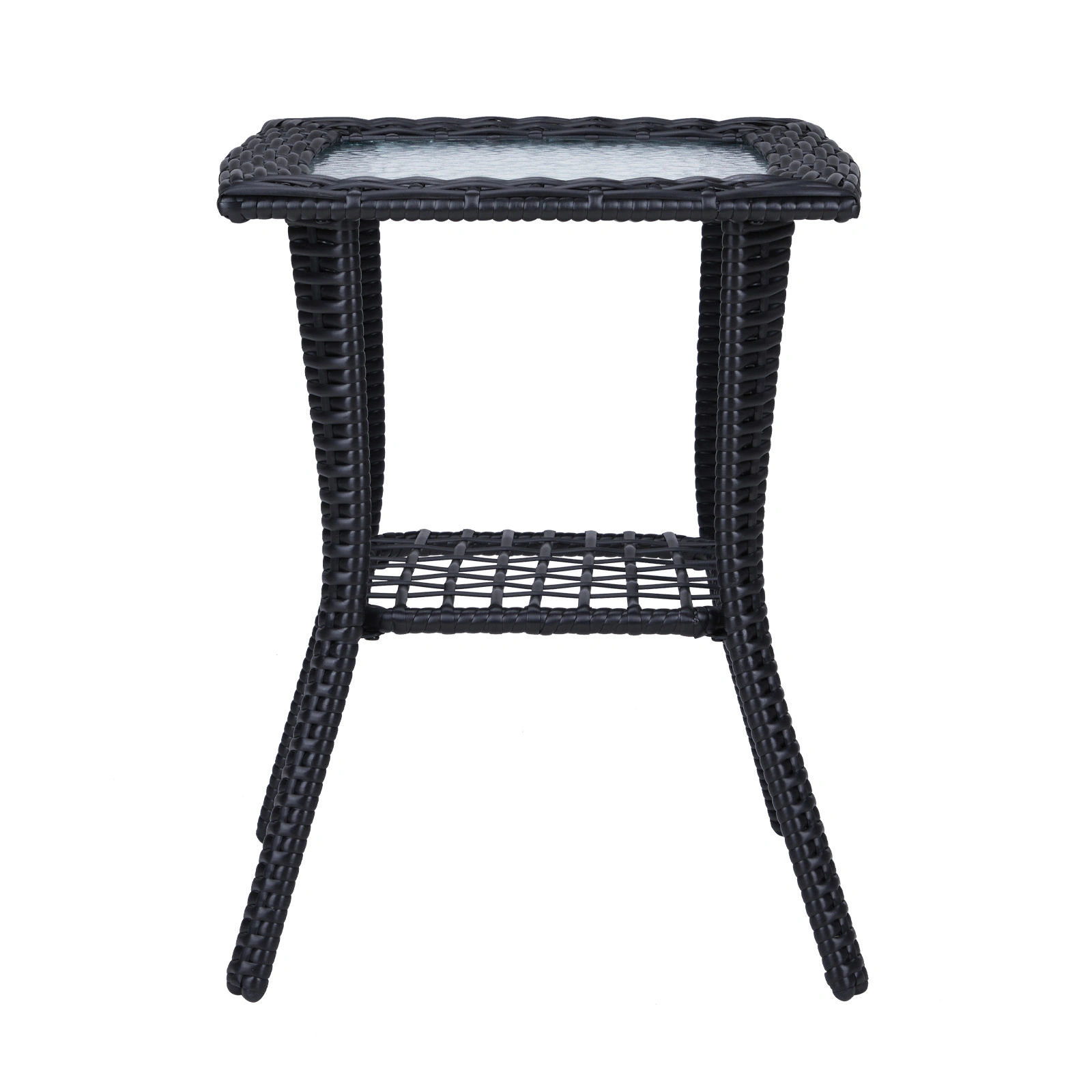 Outdoor Wicker Side Table, Rattan End Table with Glass Top, Patio Coffee Bistro Table for Indoor Garden Porch Balcony, Black view 2