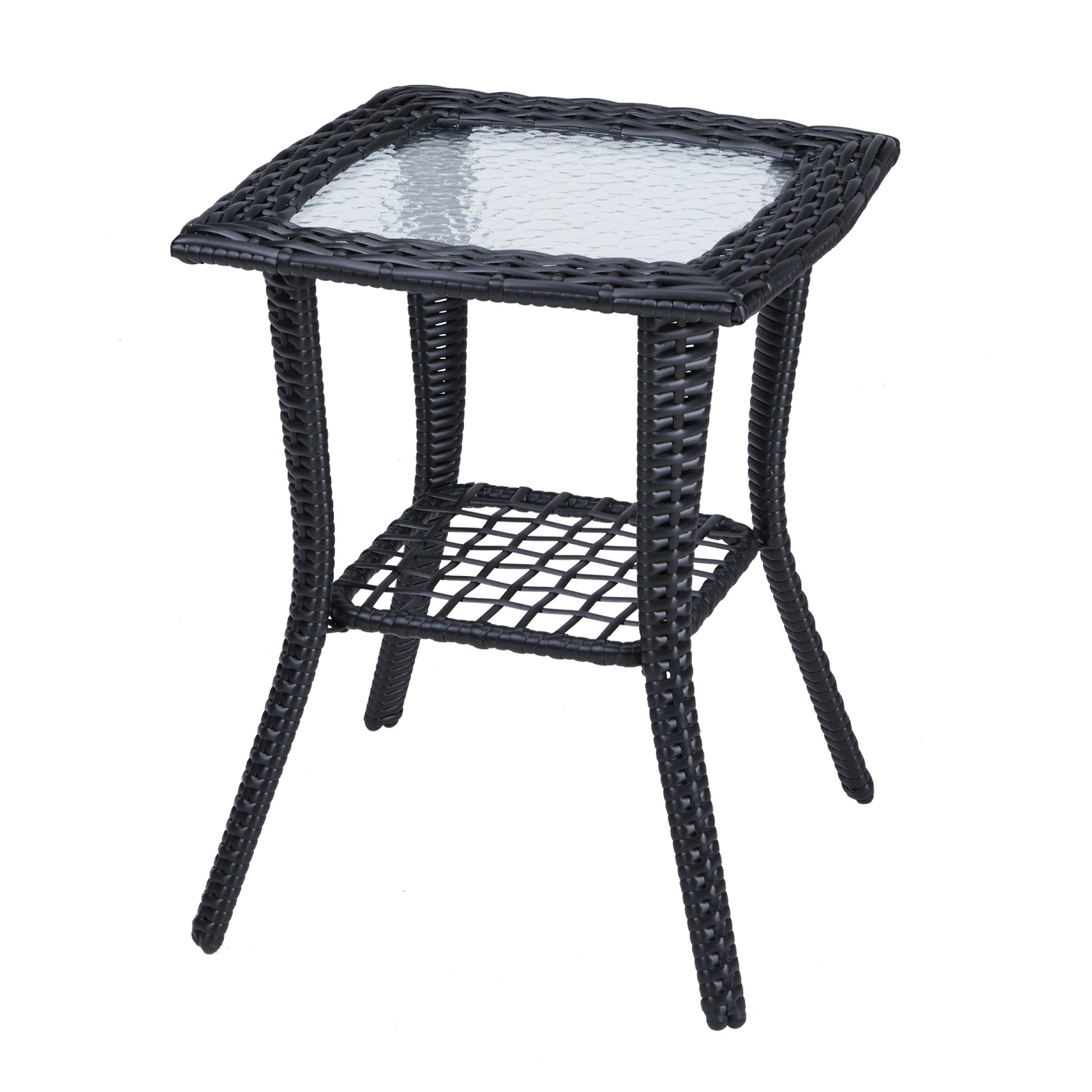 Outdoor Wicker Side Table, Rattan End Table with Glass Top, Patio Coffee Bistro Table for Indoor Garden Porch Balcony, Black view 3