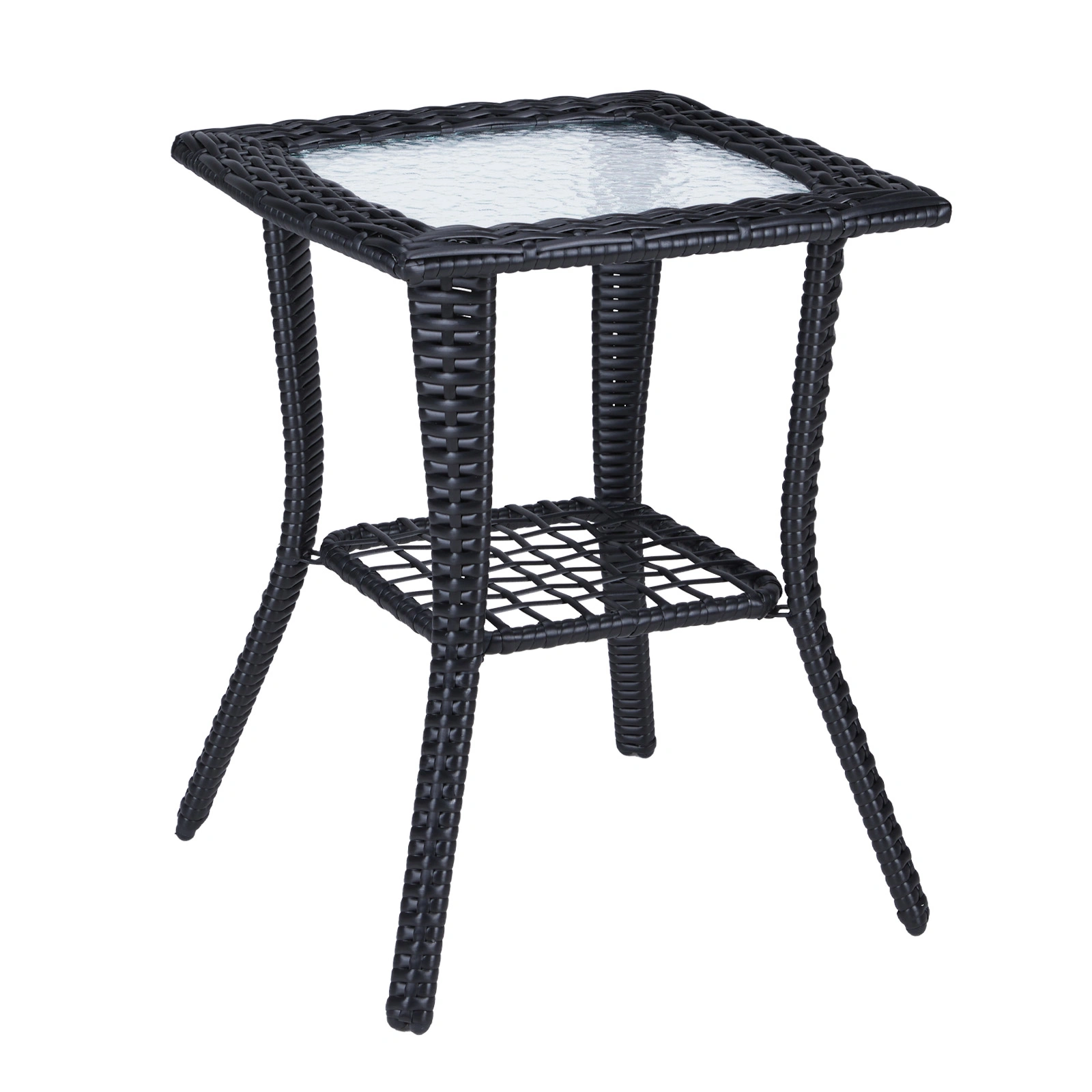 Outdoor Wicker Side Table, Rattan End Table with Glass Top, Patio Coffee Bistro Table for Indoor Garden Porch Balcony, Black view 4