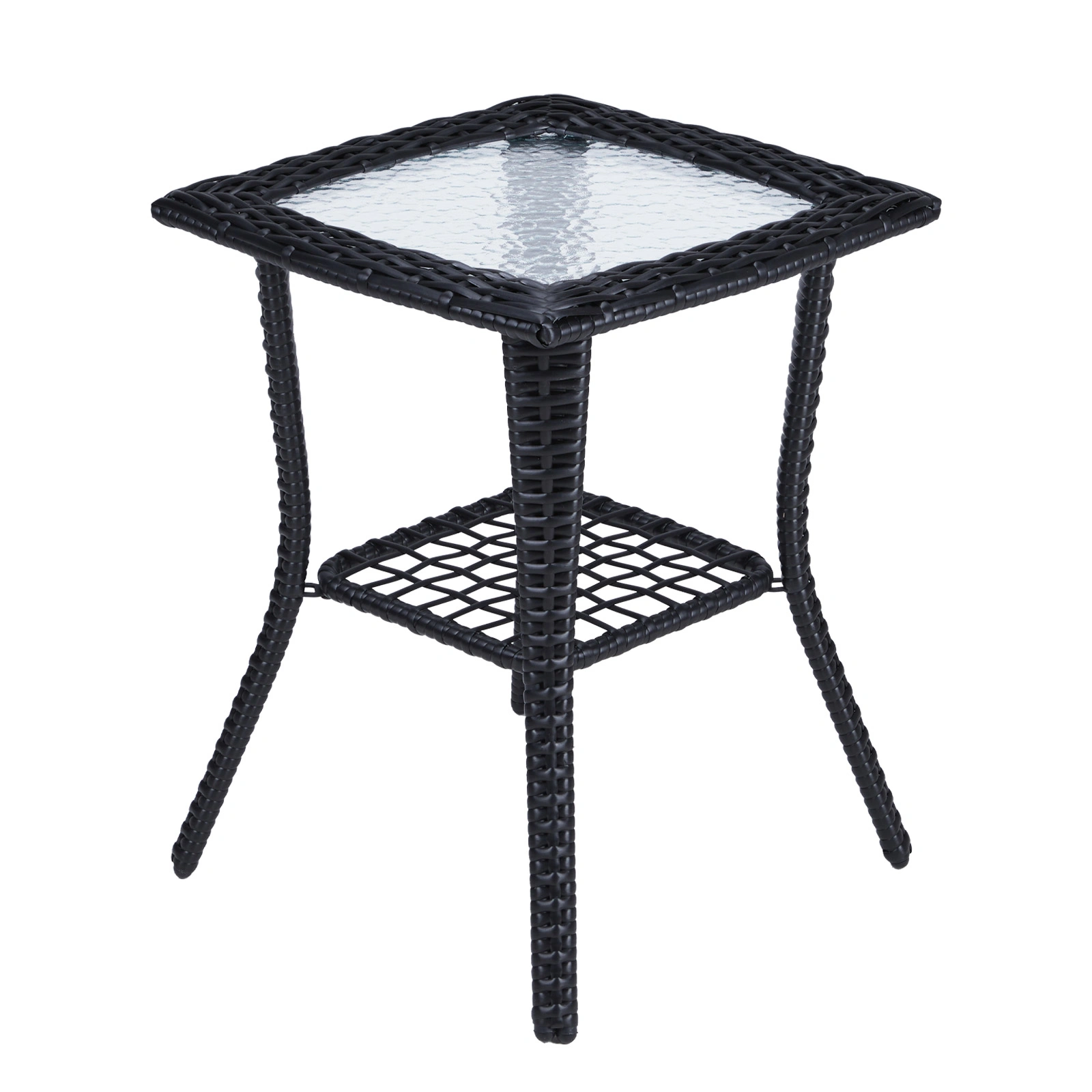 Outdoor Wicker Side Table, Rattan End Table with Glass Top, Patio Coffee Bistro Table for Indoor Garden Porch Balcony, Black view 5