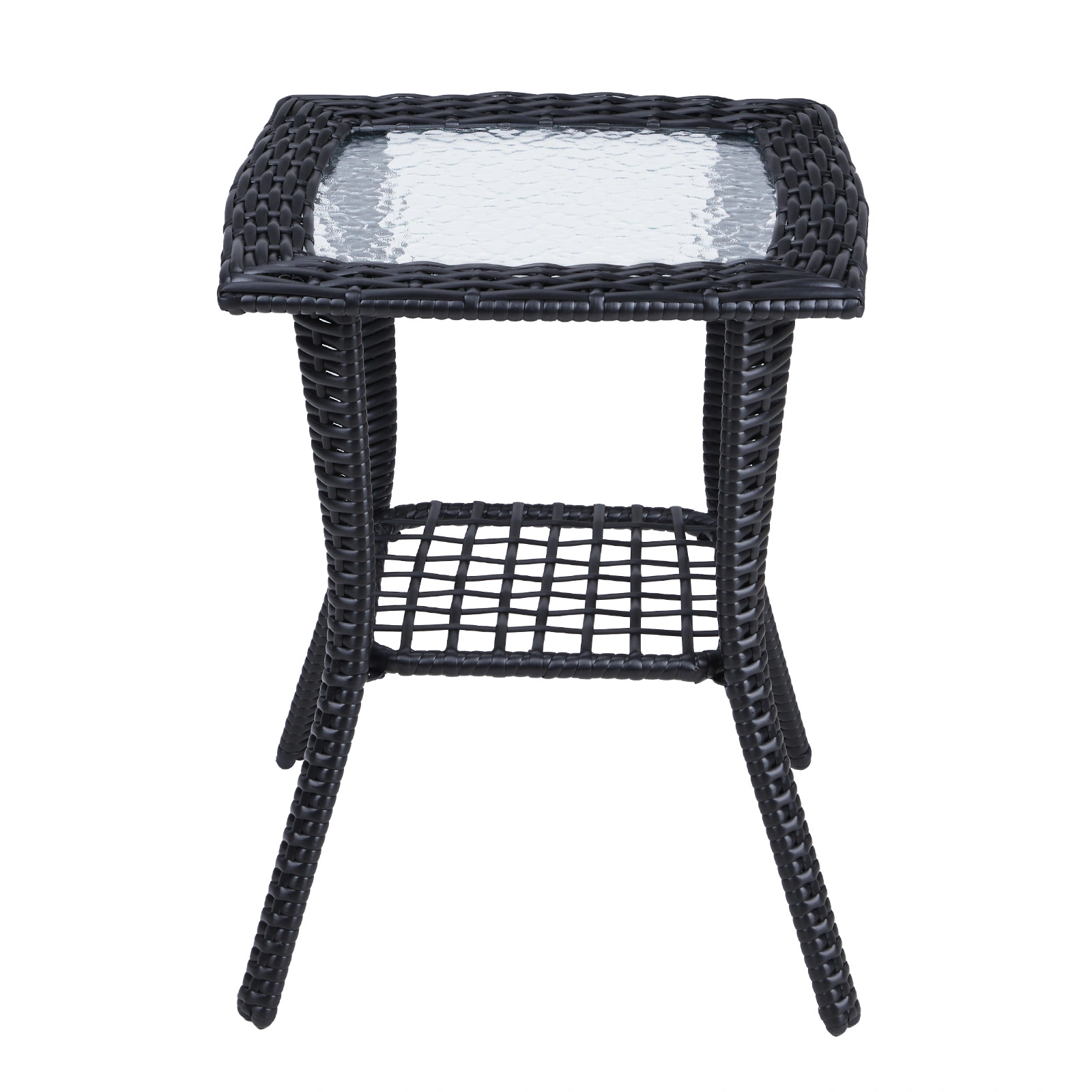 Outdoor Wicker Side Table, Rattan End Table with Glass Top, Patio Coffee Bistro Table for Indoor Garden Porch Balcony, Black view 6