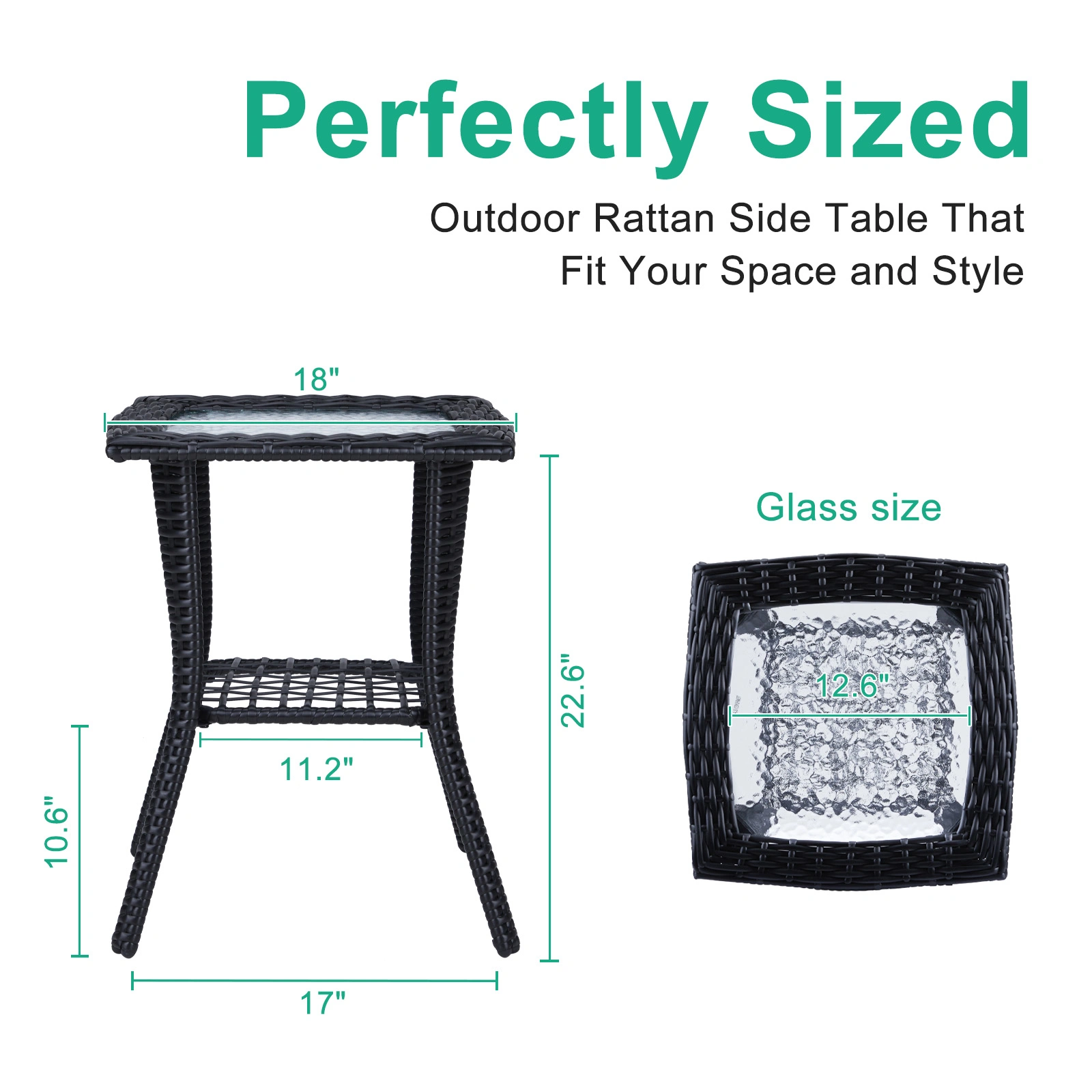 Outdoor Wicker Side Table, Rattan End Table with Glass Top, Patio Coffee Bistro Table for Indoor Garden Porch Balcony, Black view 7