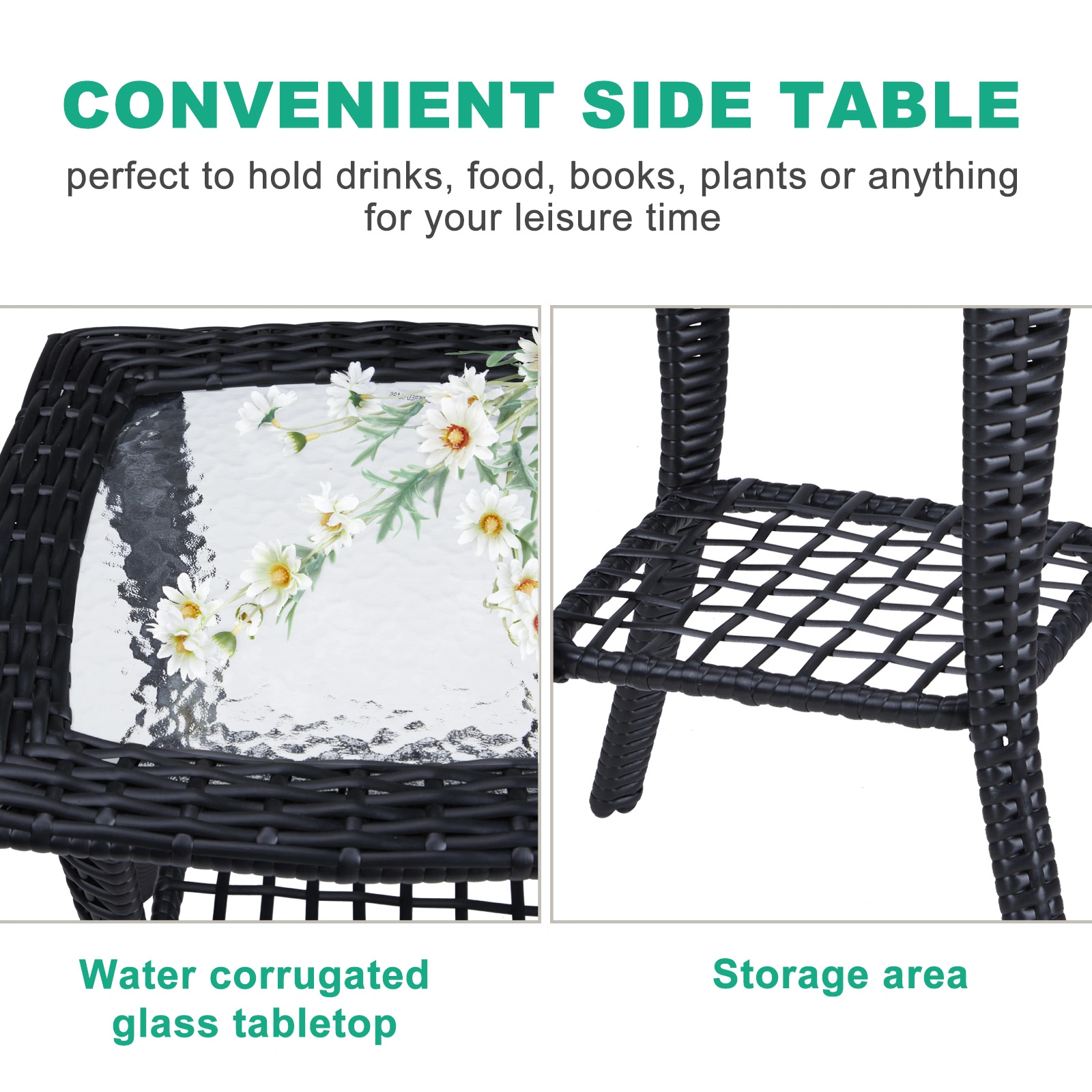 Outdoor Wicker Side Table, Rattan End Table with Glass Top, Patio Coffee Bistro Table for Indoor Garden Porch Balcony, Black view 8