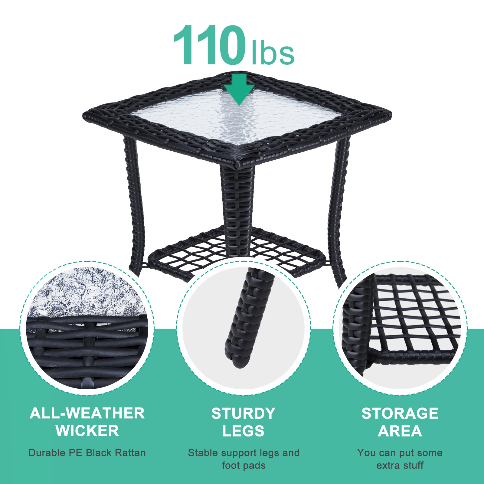 Outdoor Wicker Side Table, Rattan End Table with Glass Top, Patio Coffee Bistro Table for Indoor Garden Porch Balcony, Black view 9
