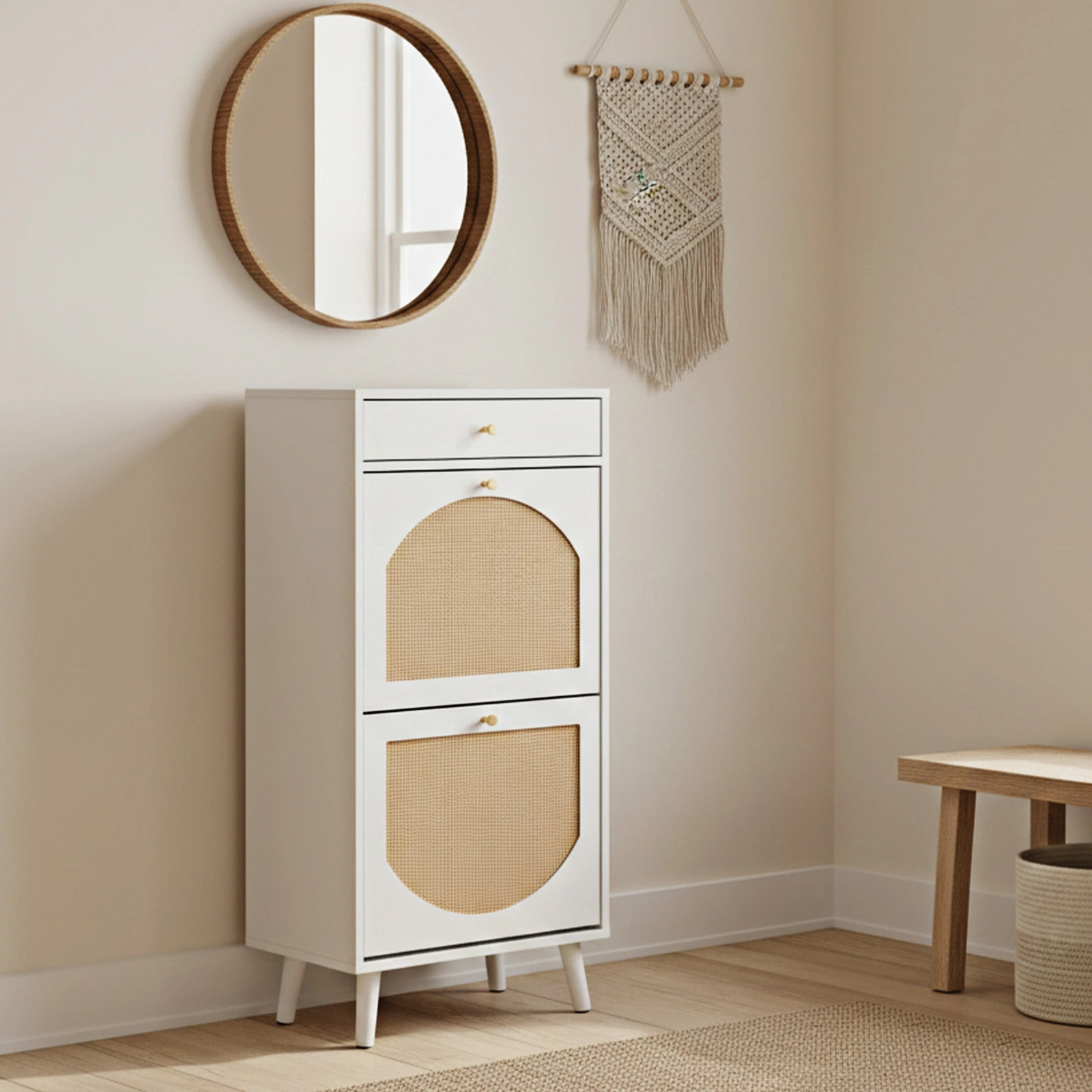 Rattan-front shoe cabinet with 1 drawer and 2 flip-down compartments, particleboard, 54*24*110cm, white view 10