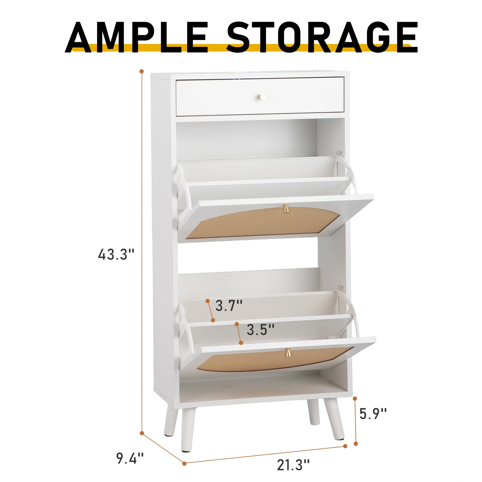 Rattan-front shoe cabinet with 1 drawer and 2 flip-down compartments, particleboard, 54*24*110cm, white view 11