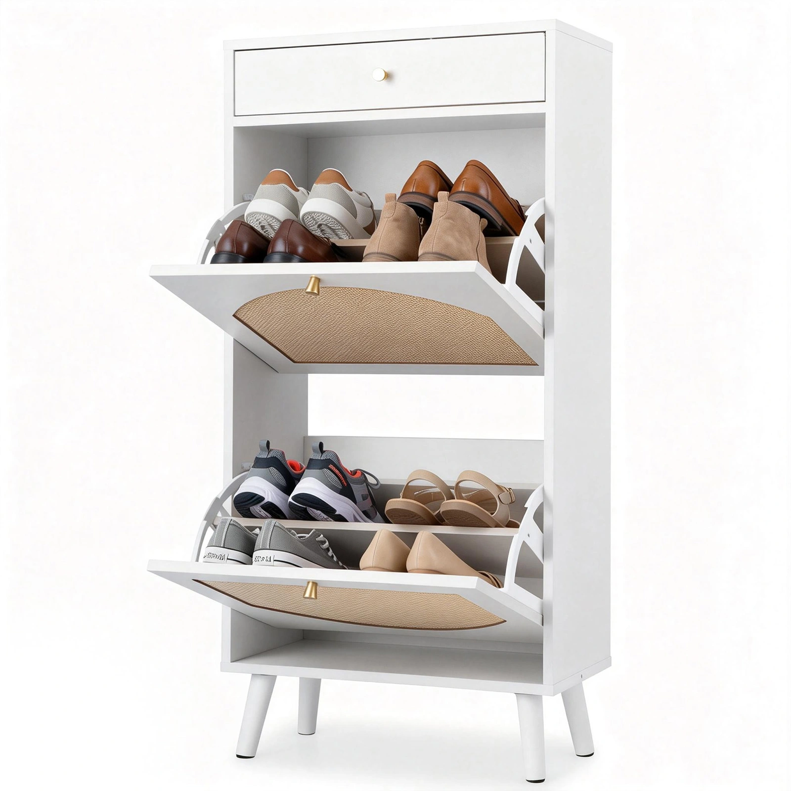 Rattan-front shoe cabinet with 1 drawer and 2 flip-down compartments, particleboard, 54*24*110cm, white view 12