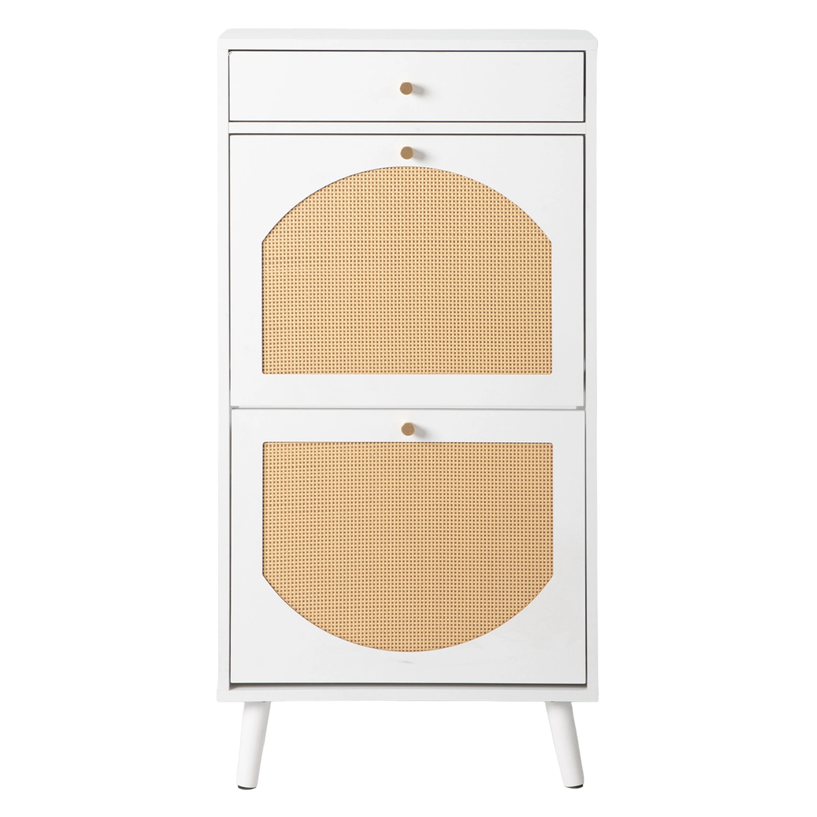 Rattan-front shoe cabinet with 1 drawer and 2 flip-down compartments, particleboard, 54*24*110cm, white view 2