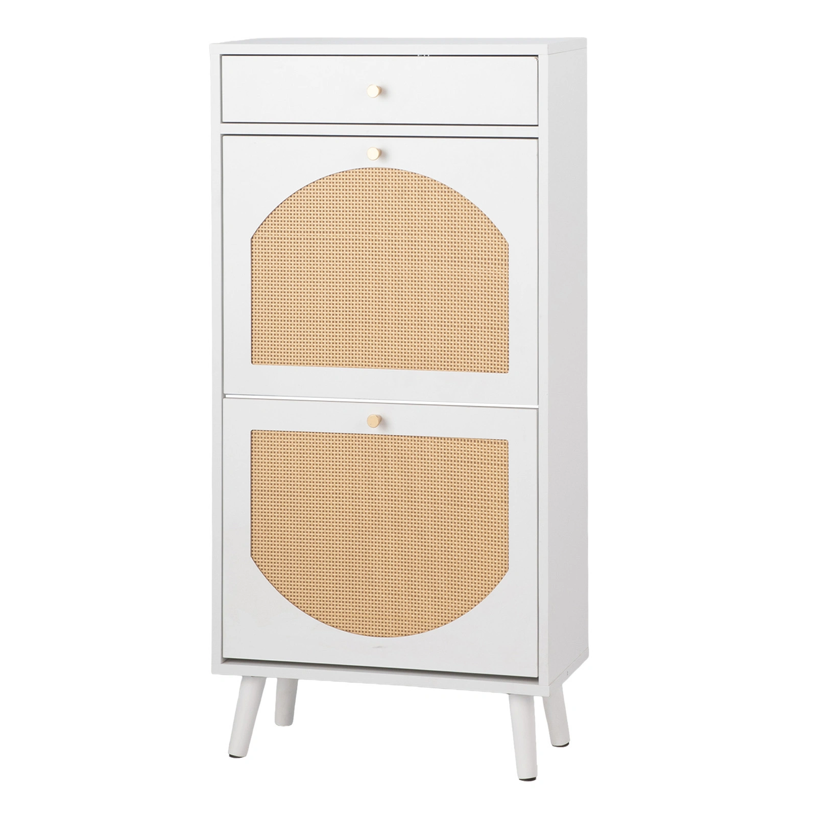 Rattan-front shoe cabinet with 1 drawer and 2 flip-down compartments, particleboard, 54*24*110cm, white view 3