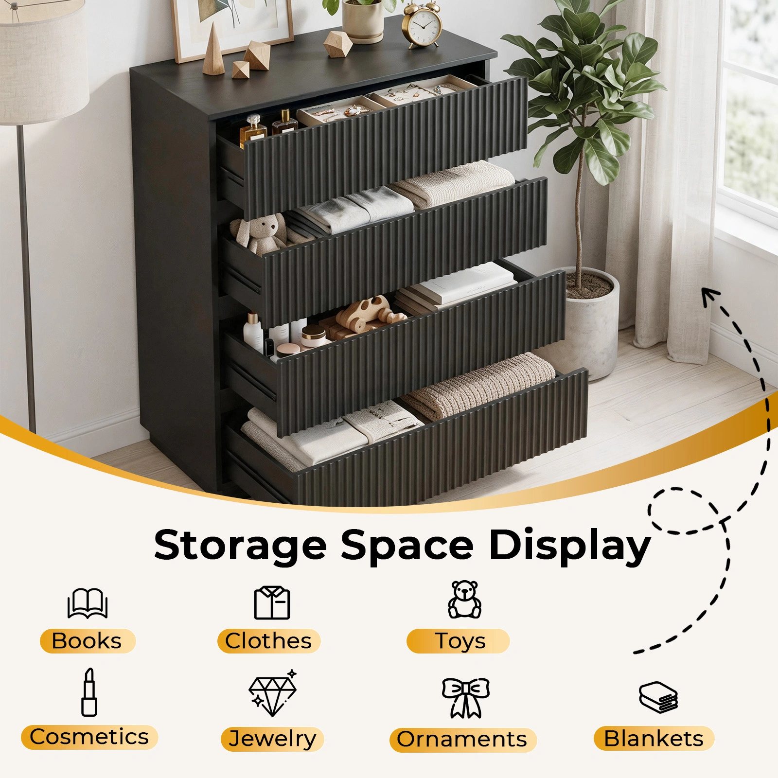 Handleless Grille-Finished 4-Drawer Bedside Table P2 Particleboard + MDF & Melamine Veneer + Thermoformed Drawer Dresser 23.62*14.96*30.71in Black view 11