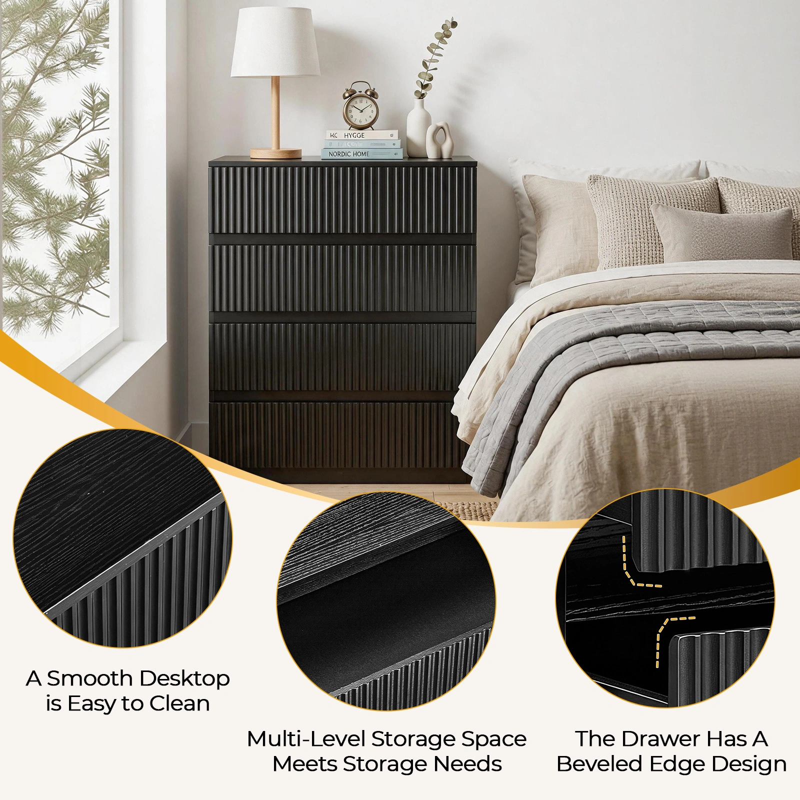 Handleless Grille-Finished 4-Drawer Bedside Table P2 Particleboard + MDF & Melamine Veneer + Thermoformed Drawer Dresser 23.62*14.96*30.71in Black view 12