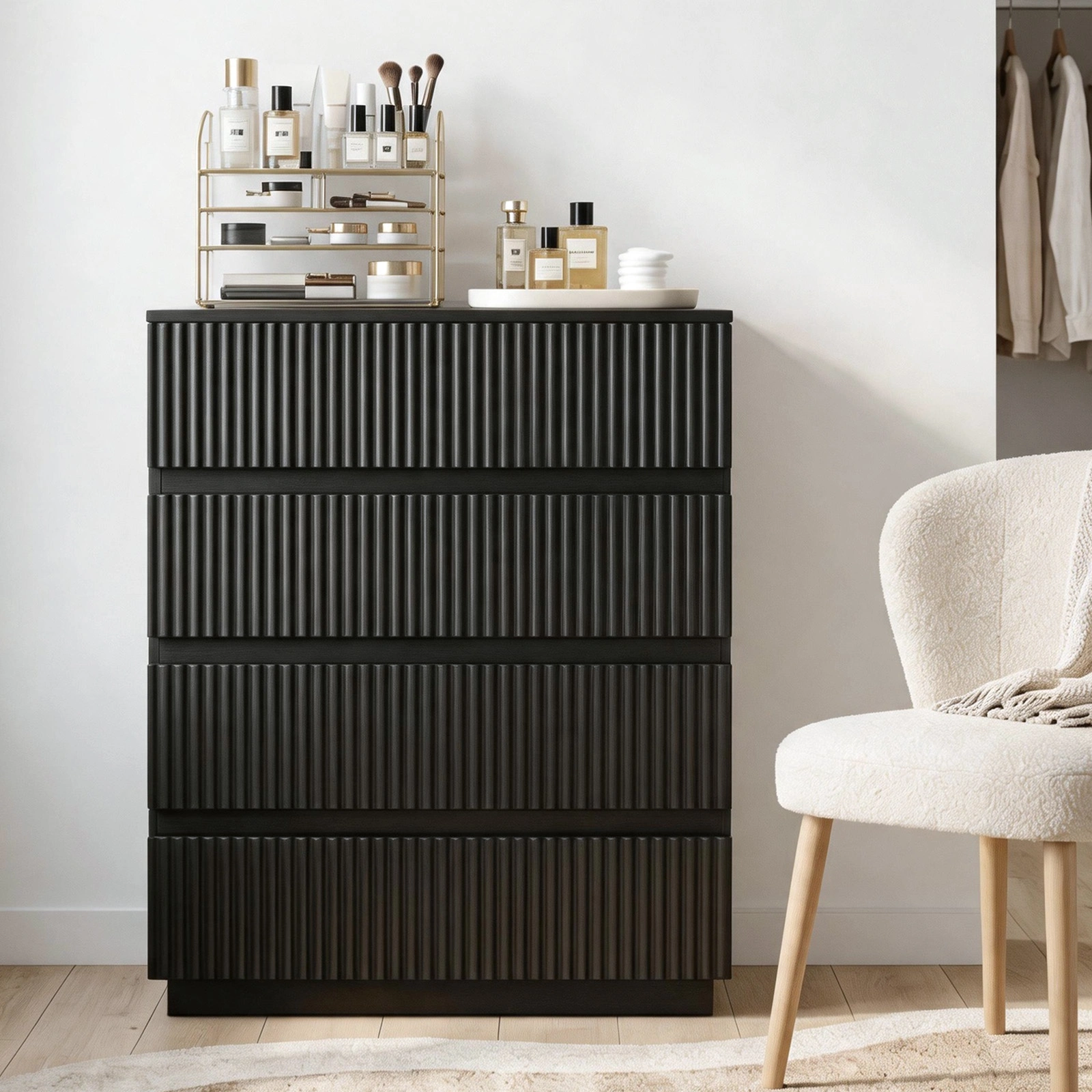 Handleless Grille-Finished 4-Drawer Bedside Table P2 Particleboard + MDF & Melamine Veneer + Thermoformed Drawer Dresser 23.62*14.96*30.71in Black view 13