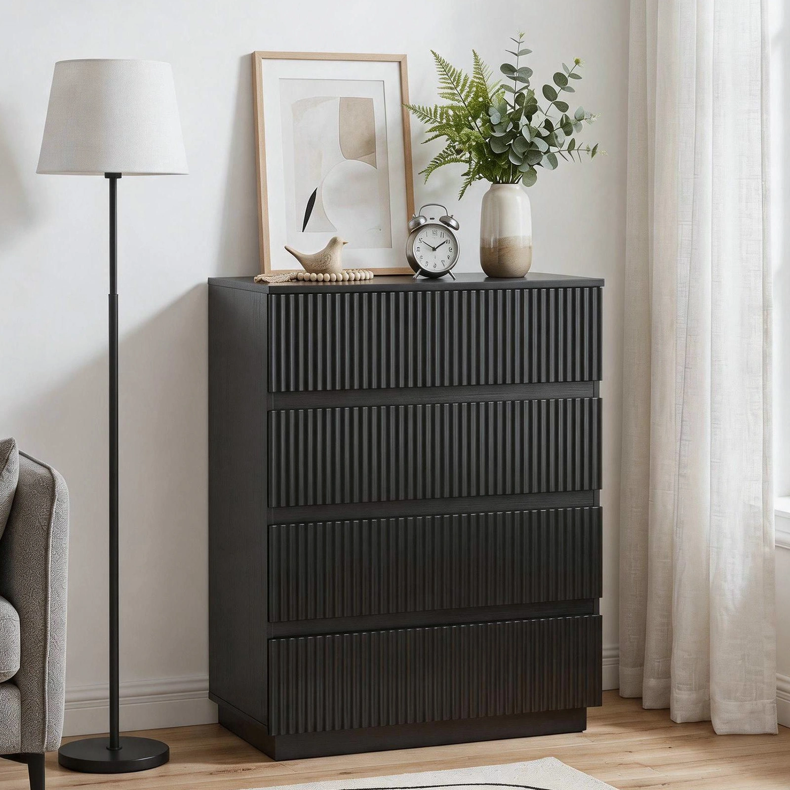 Handleless Grille-Finished 4-Drawer Bedside Table P2 Particleboard + MDF & Melamine Veneer + Thermoformed Drawer Dresser 23.62*14.96*30.71in Black view 14