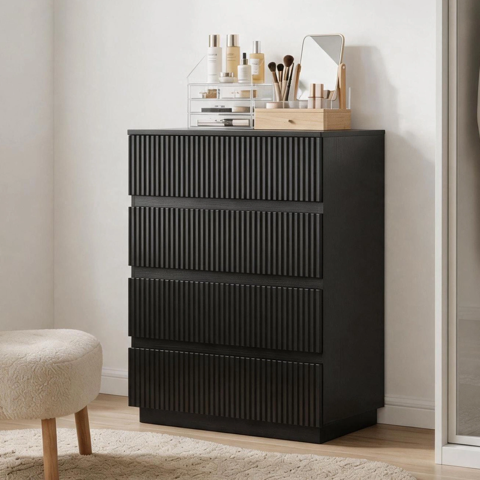 Handleless Grille-Finished 4-Drawer Bedside Table P2 Particleboard + MDF & Melamine Veneer + Thermoformed Drawer Dresser 23.62*14.96*30.71in Black view 15