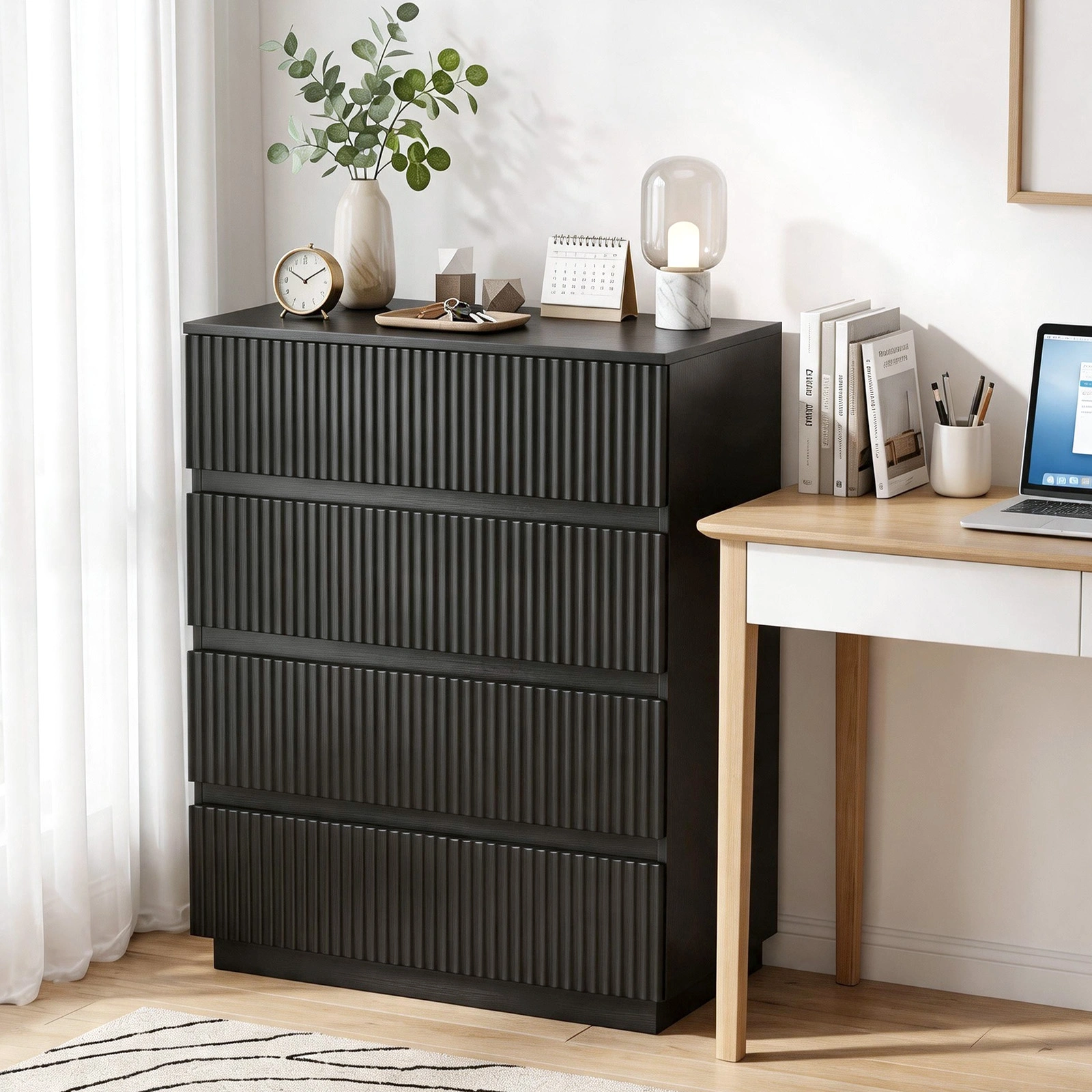 Handleless Grille-Finished 4-Drawer Bedside Table P2 Particleboard + MDF & Melamine Veneer + Thermoformed Drawer Dresser 23.62*14.96*30.71in Black view 17