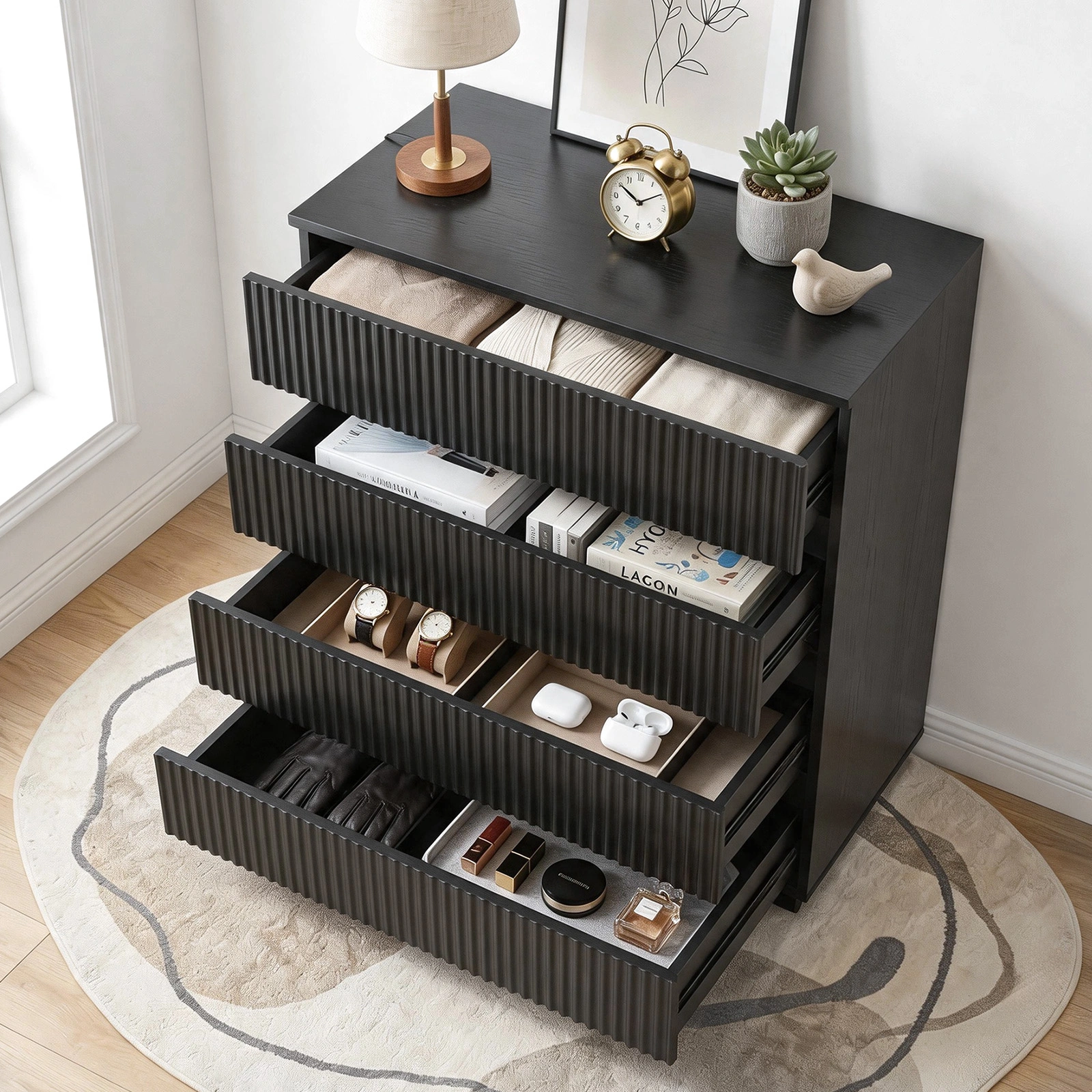 Handleless Grille-Finished 4-Drawer Bedside Table P2 Particleboard + MDF & Melamine Veneer + Thermoformed Drawer Dresser 23.62*14.96*30.71in Black view 18