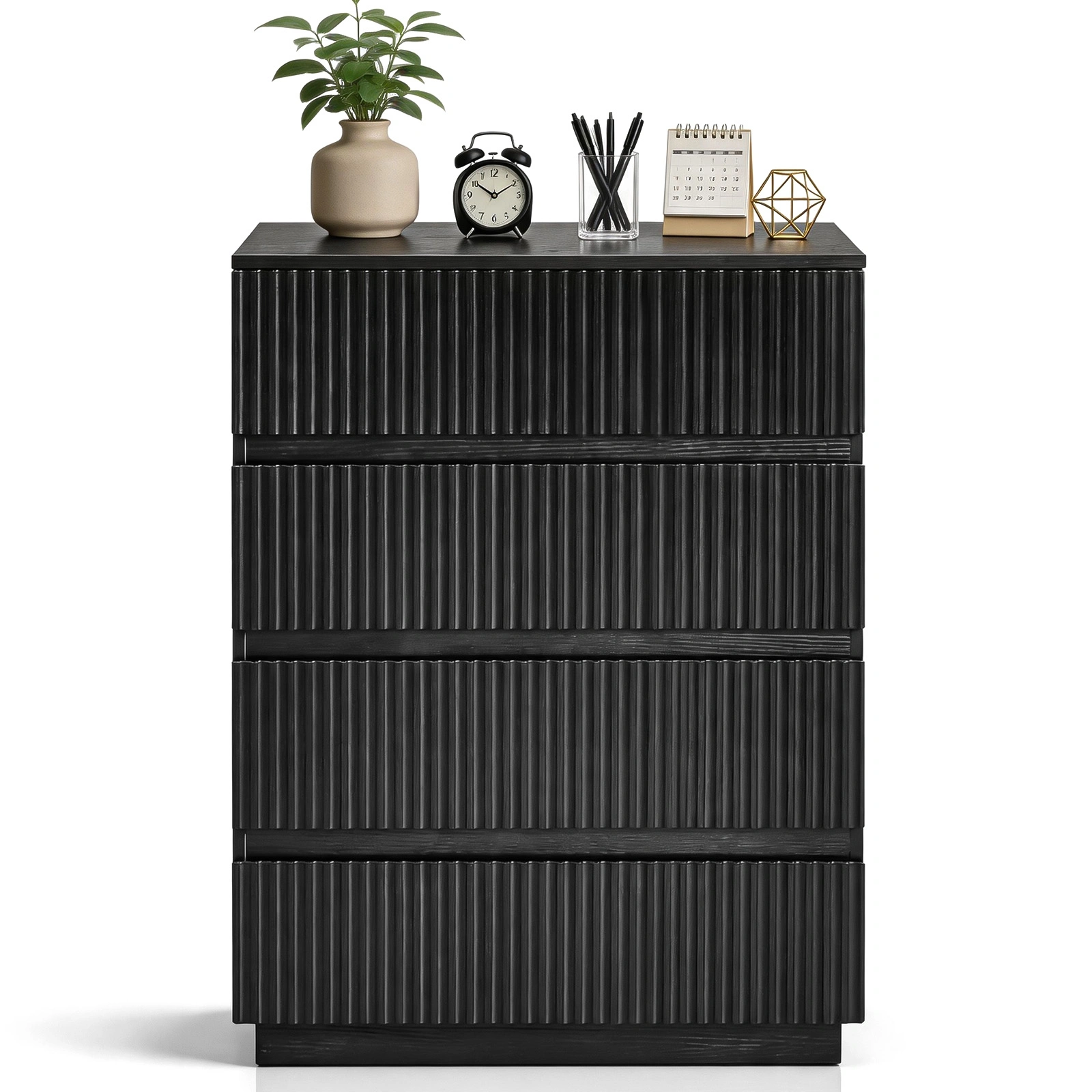 Handleless Grille-Finished 4-Drawer Bedside Table P2 Particleboard + MDF & Melamine Veneer + Thermoformed Drawer Dresser 23.62*14.96*30.71in Black view 2
