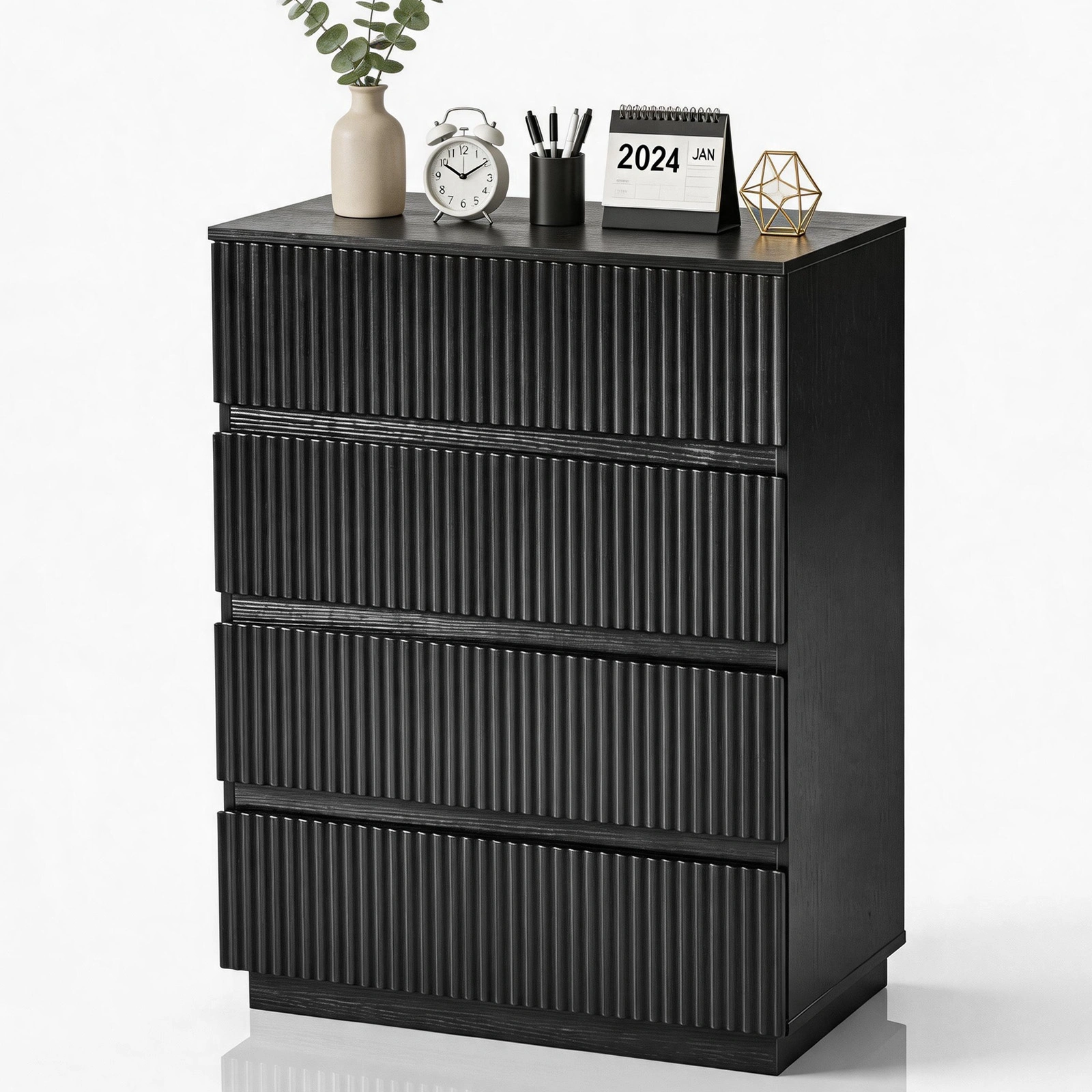 Handleless Grille-Finished 4-Drawer Bedside Table P2 Particleboard + MDF & Melamine Veneer + Thermoformed Drawer Dresser 23.62*14.96*30.71in Black view 4
