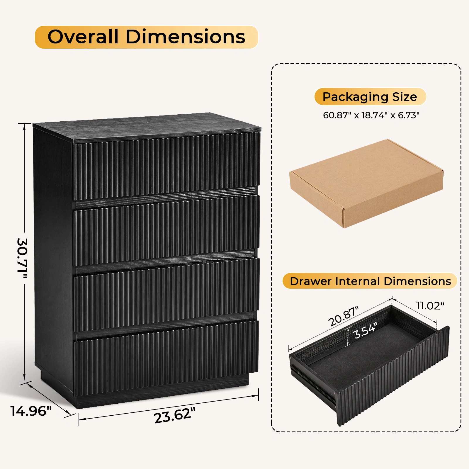 Handleless Grille-Finished 4-Drawer Bedside Table P2 Particleboard + MDF & Melamine Veneer + Thermoformed Drawer Dresser 23.62*14.96*30.71in Black view 5
