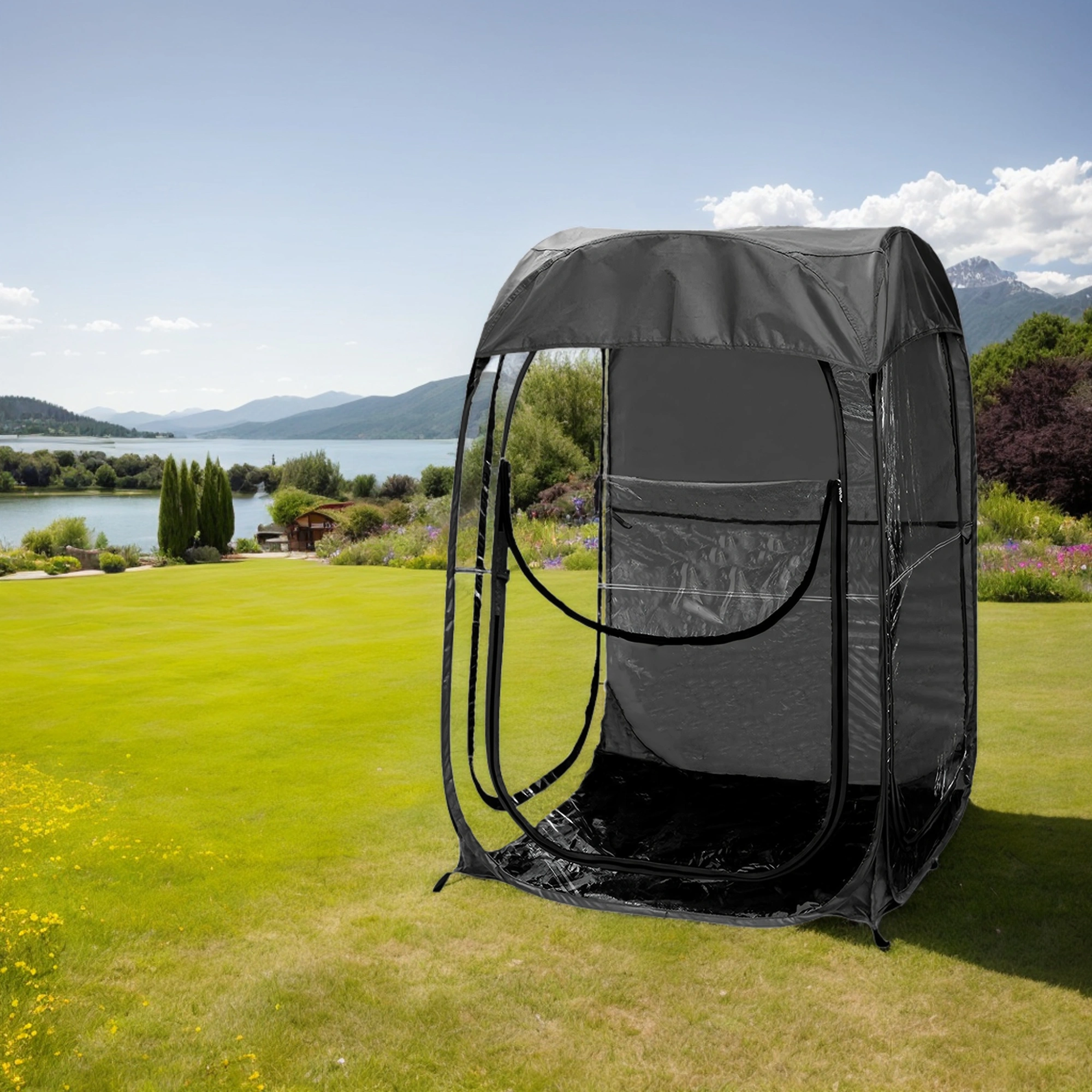 Portable Pop Up Sports Tent, Windproof Rainproof Outdoor Shelter for Camping Fishing Events, Black view 2