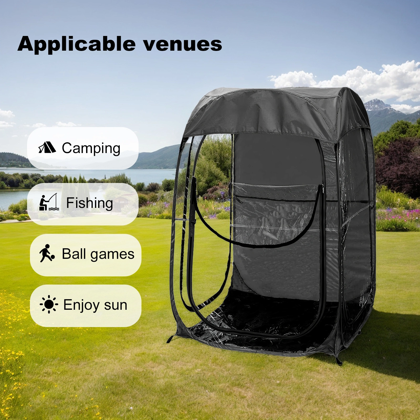 Portable Pop Up Sports Tent, Windproof Rainproof Outdoor Shelter for Camping Fishing Events, Black view 4