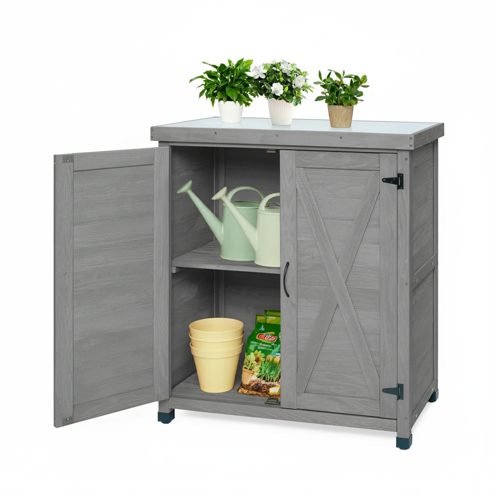 Potting Bench with Storage Cabinet, Metal Work Table Top, Outdoor Garden Potting Station for Patio, Deck, Workspace