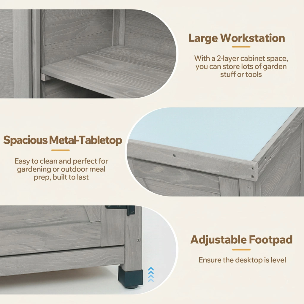Potting Bench with Storage Cabinet, Metal Work Table Top, Outdoor Garden Potting Station for Patio, Deck, Workspace view 2