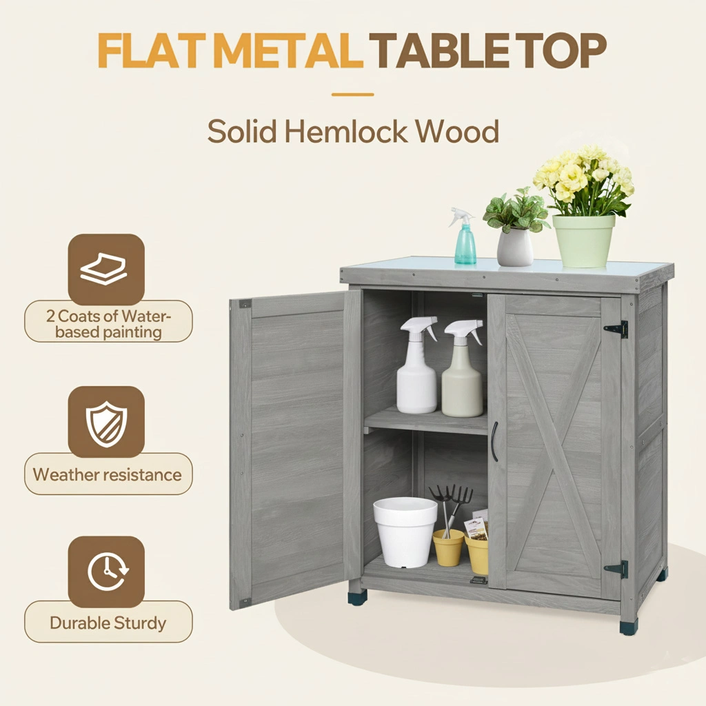 Potting Bench with Storage Cabinet, Metal Work Table Top, Outdoor Garden Potting Station for Patio, Deck, Workspace view 3