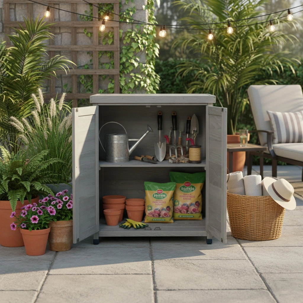 Potting Bench with Storage Cabinet, Metal Work Table Top, Outdoor Garden Potting Station for Patio, Deck, Workspace view 5