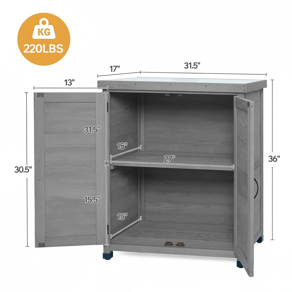 Potting Bench with Storage Cabinet, Metal Work Table Top, Outdoor Garden Potting Station for Patio, Deck, Workspace view 6