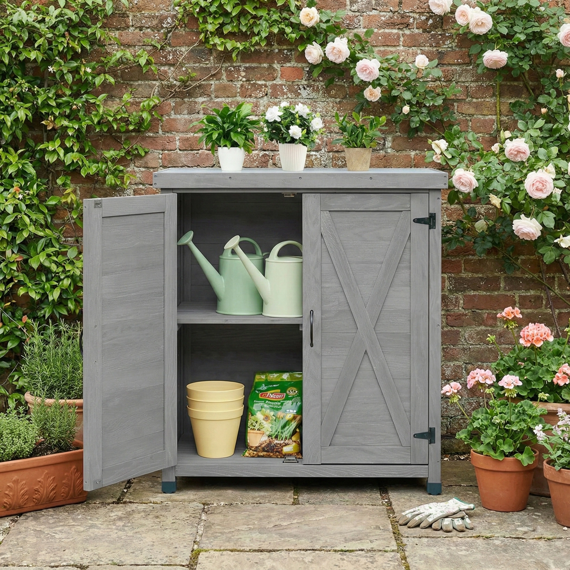 Potting Bench with Storage Cabinet, Metal Work Table Top, Outdoor Garden Potting Station for Patio, Deck, Workspace view 7